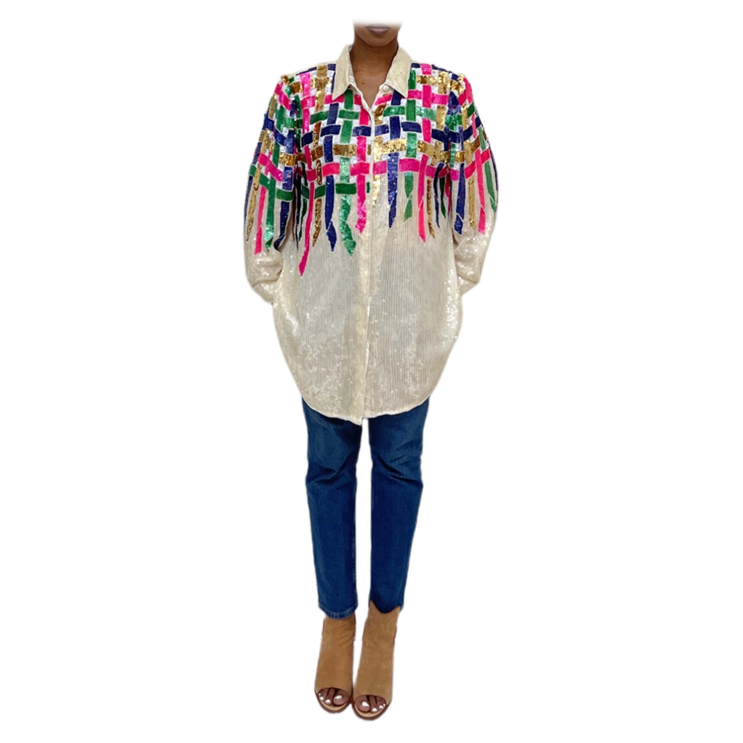 1980S Cream Silk Oversized Rainbow Sequined Jacket