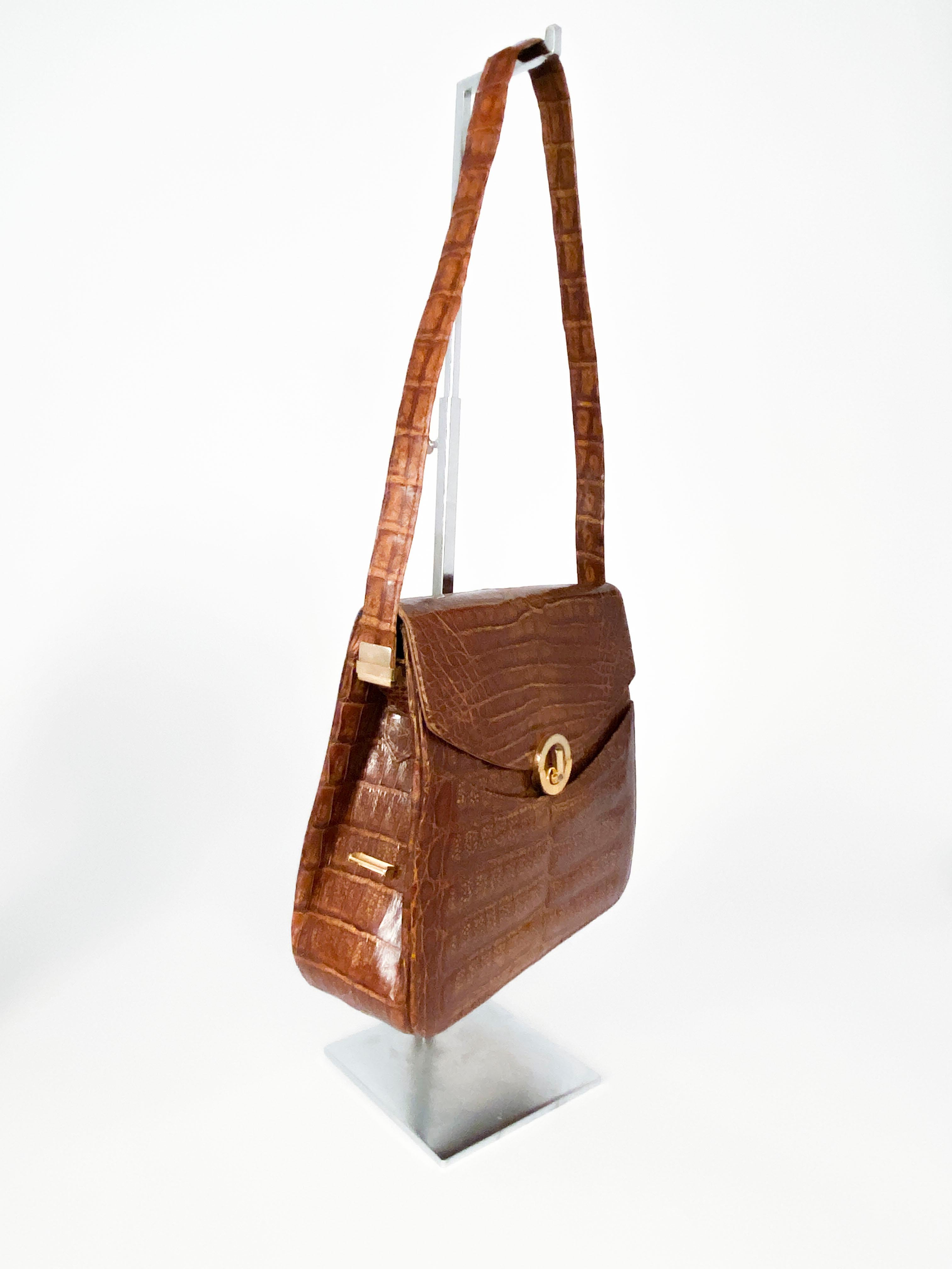 Brown 1980s Crocodile Handbag with Convertible Handle