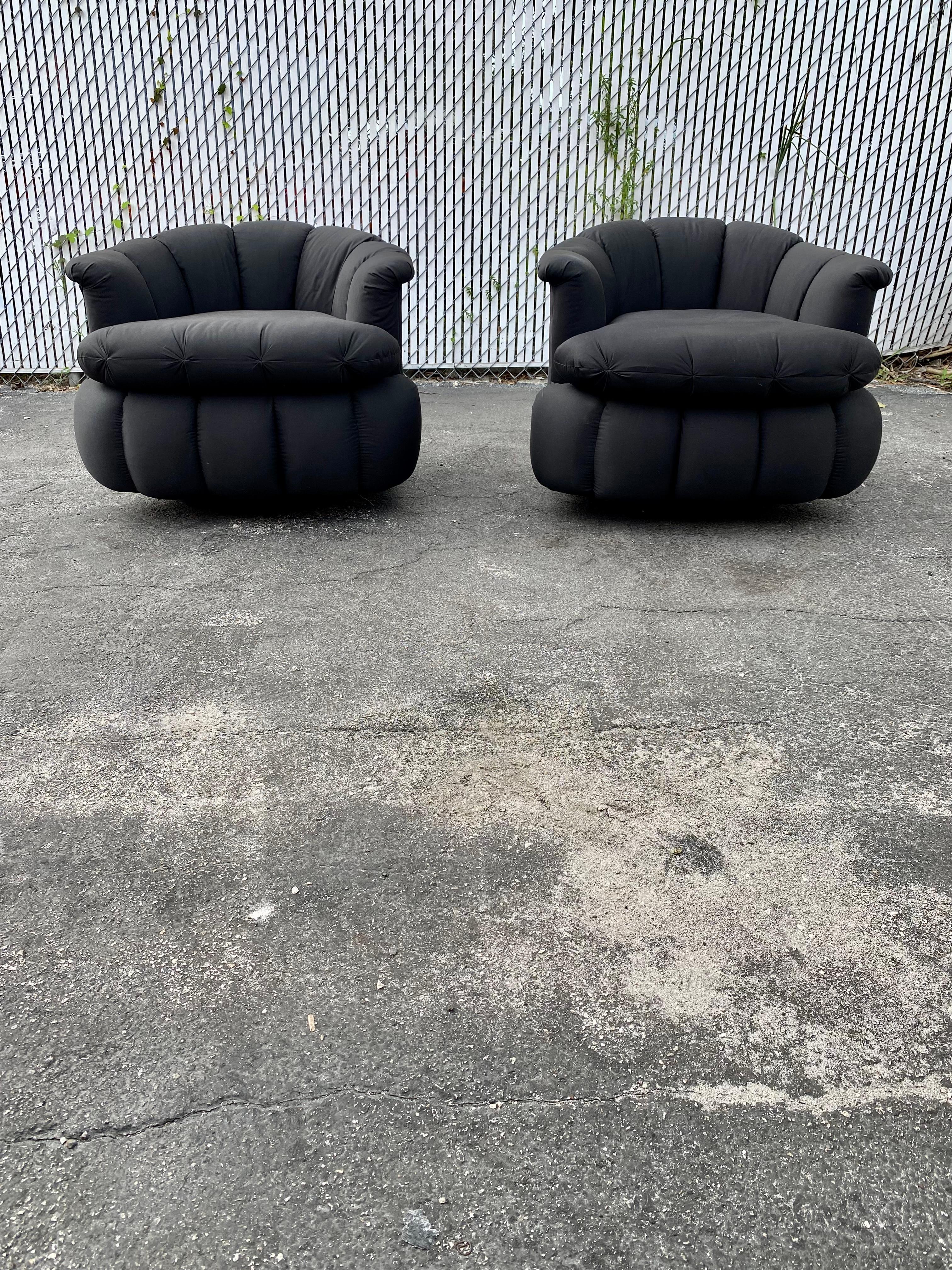 1980s Croissant Tufted Channeled Swivel Chairs, Set of 2 For Sale 3