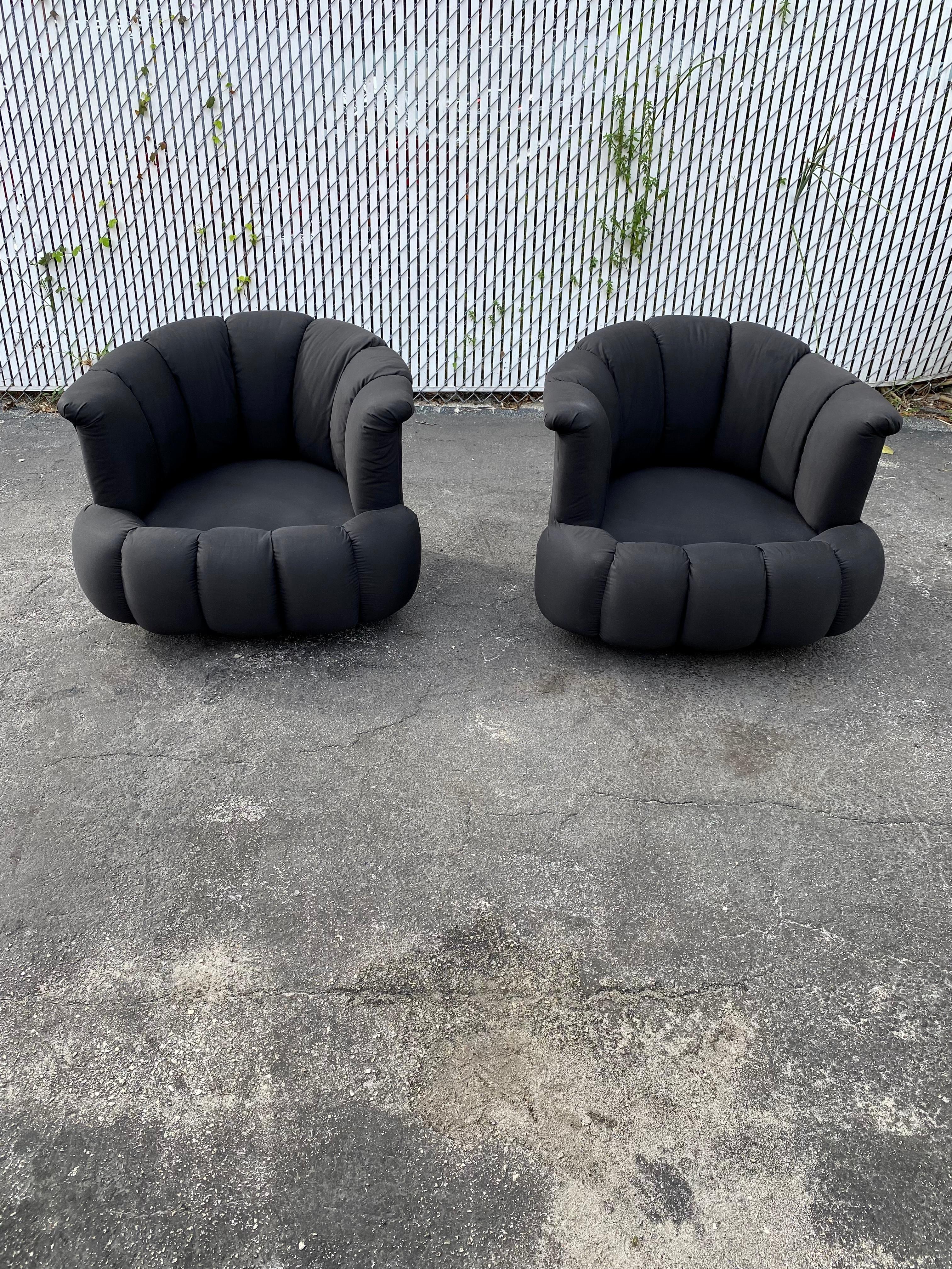 1980s Croissant Tufted Channeled Swivel Chairs, Set of 2 For Sale 4