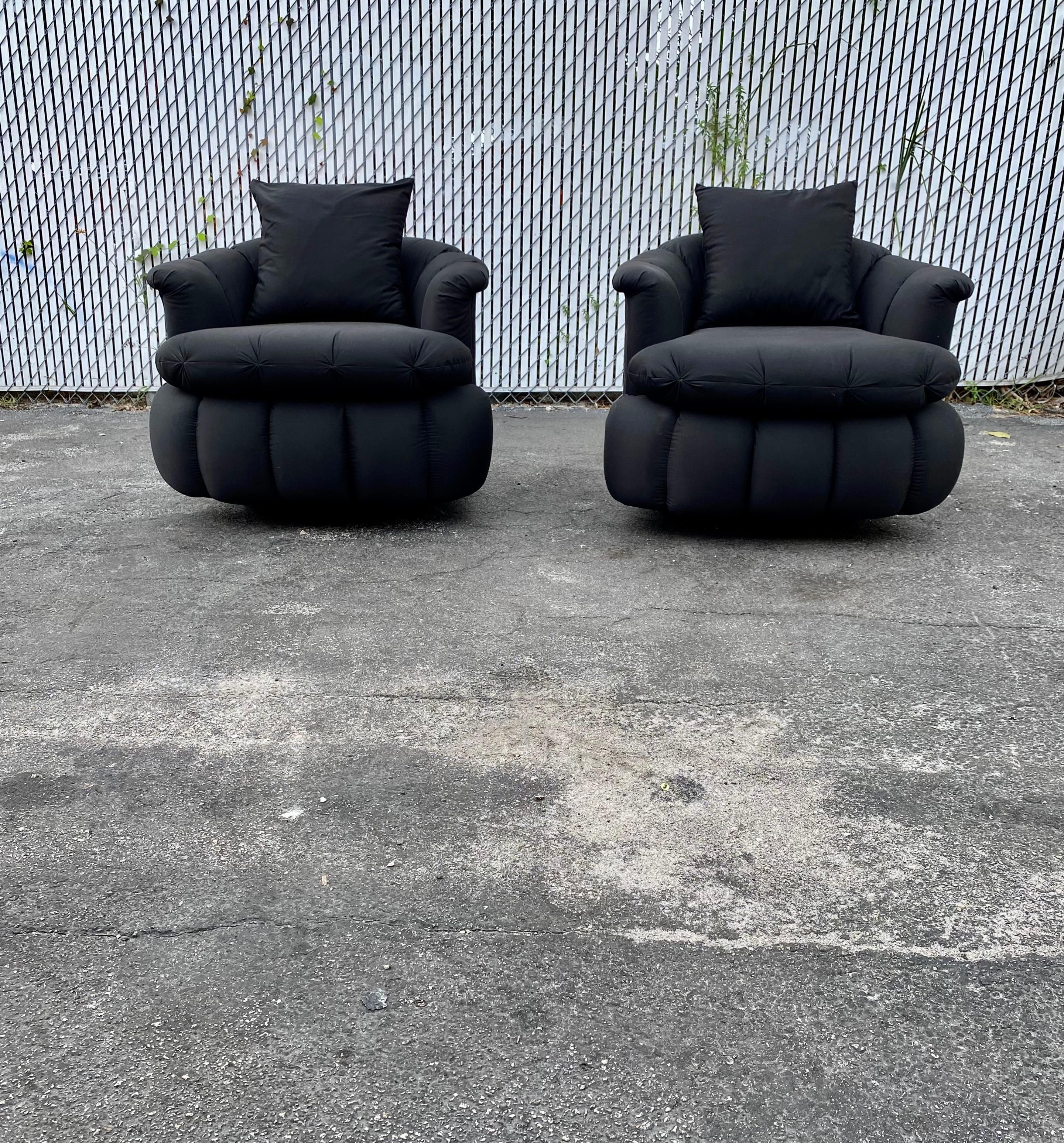 American 1980s Croissant Tufted Channeled Swivel Chairs, Set of 2 For Sale