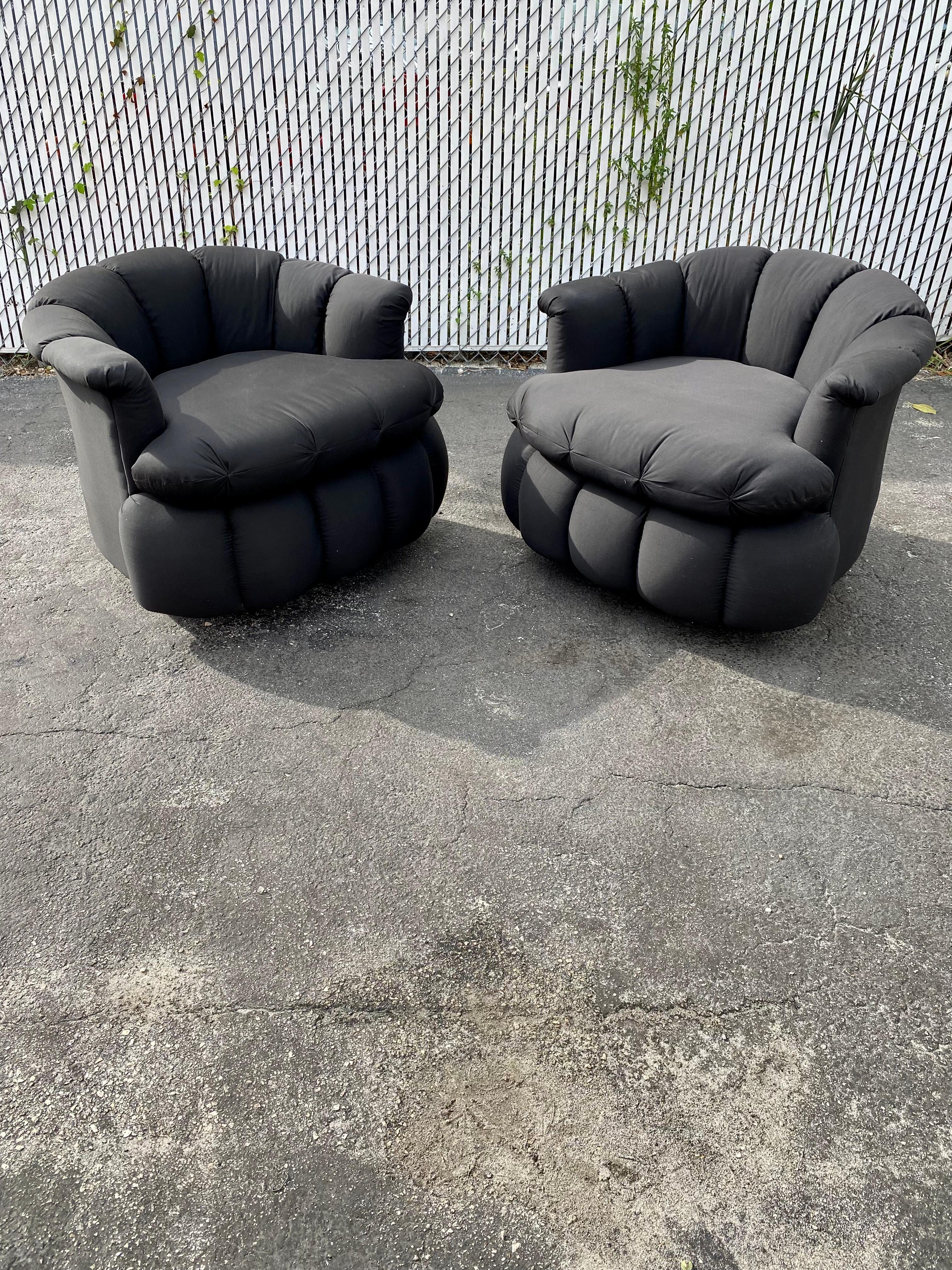 Late 20th Century 1980s Croissant Tufted Channeled Swivel Chairs, Set of 2 For Sale