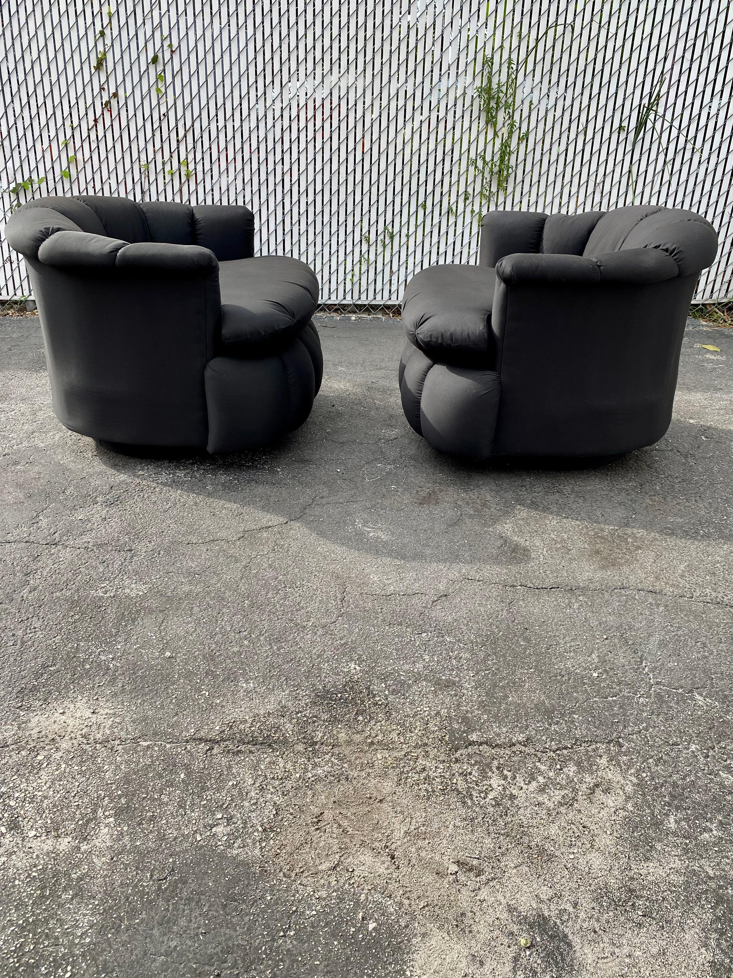 Upholstery 1980s Croissant Tufted Channeled Swivel Chairs, Set of 2 For Sale