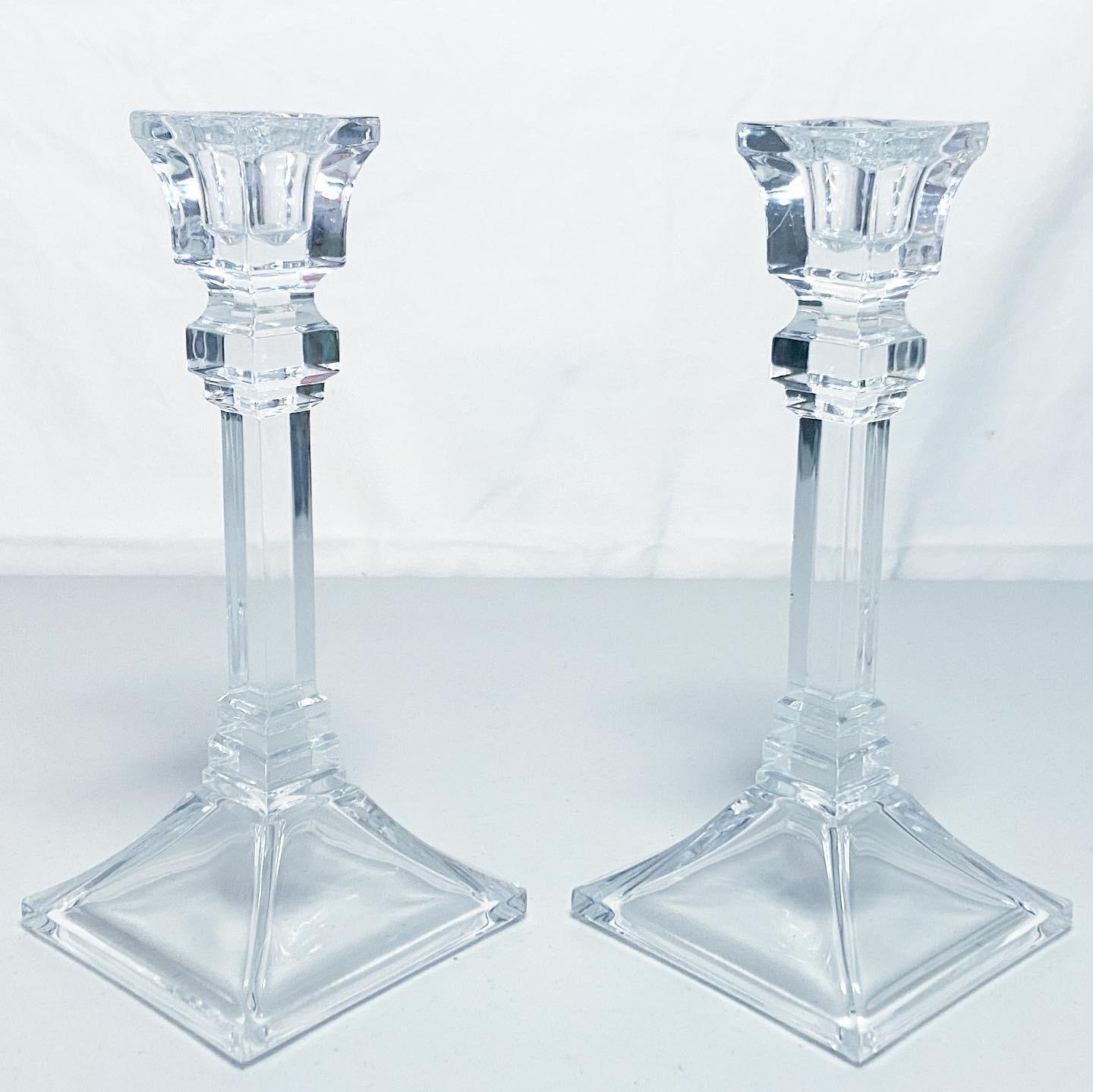 1980s Crystal Glass Candleholders - a Pair In Good Condition For Sale In Delray Beach, FL