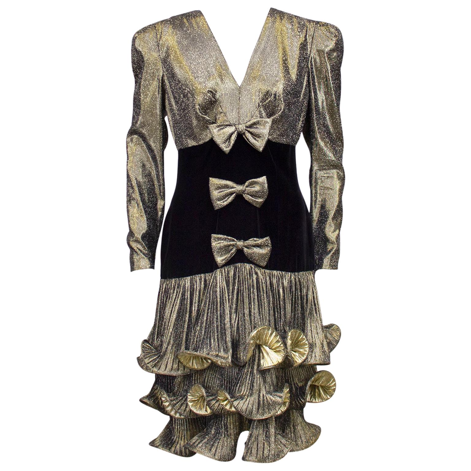 1980s CSandra Gold Lamé Cocktail Dress  For Sale