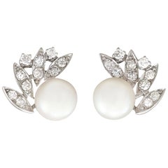Vintage 1980s Cultured Pearl and Diamond White Gold Clip-On Earrings