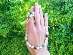 Collana in oro giallo con perle coltivate degli anni '80, diamante, zaffiro, smeraldo e rubino