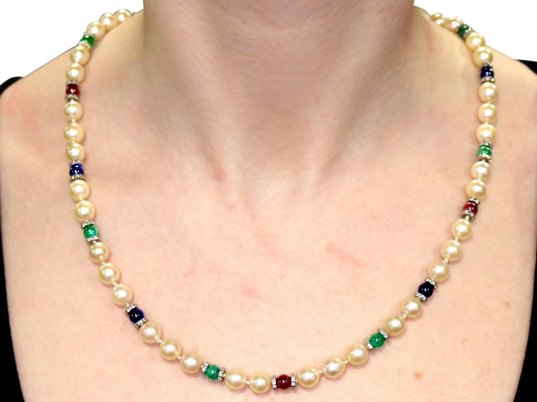 1980s Cultured Pearl Diamond Sapphire Emerald Ruby and Yellow Gold Necklace In Excellent Condition For Sale In Jesmond, Newcastle Upon Tyne