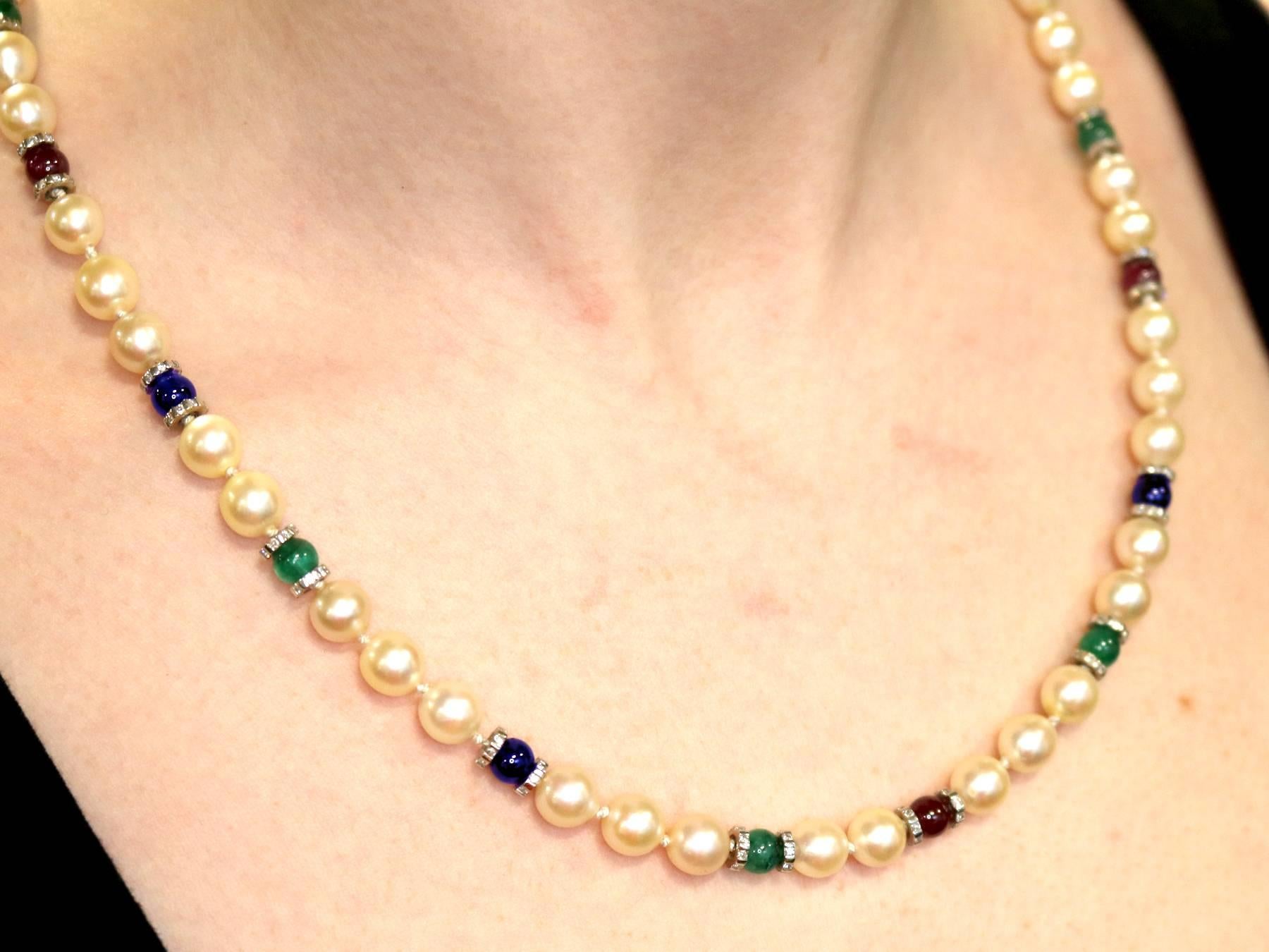 Women's 1980s Cultured Pearl Diamond Sapphire Emerald Ruby and Yellow Gold Necklace For Sale