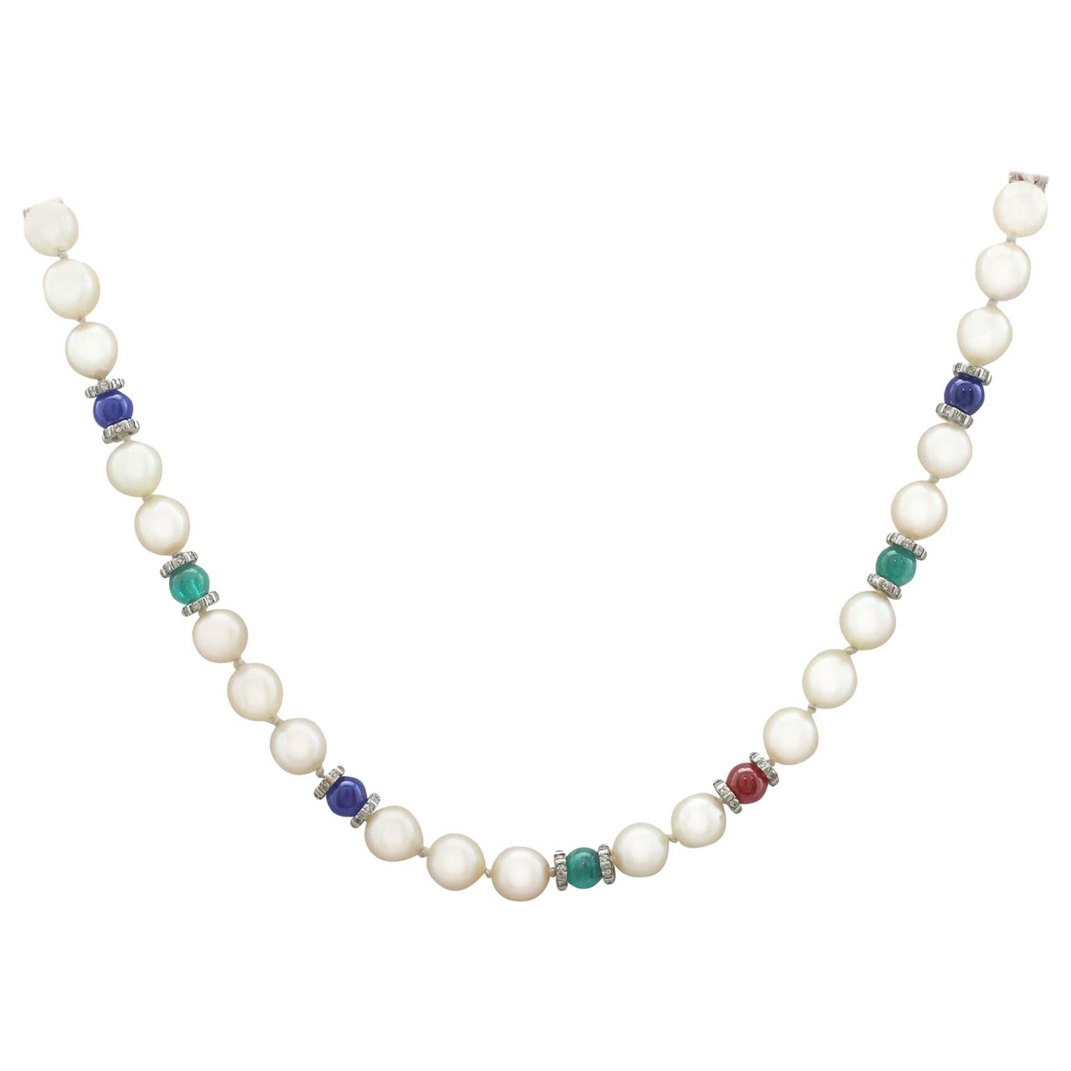 Tiffany and Co. Cultured Pearl Sapphire Emerald Diamond Necklace at 1stDibs