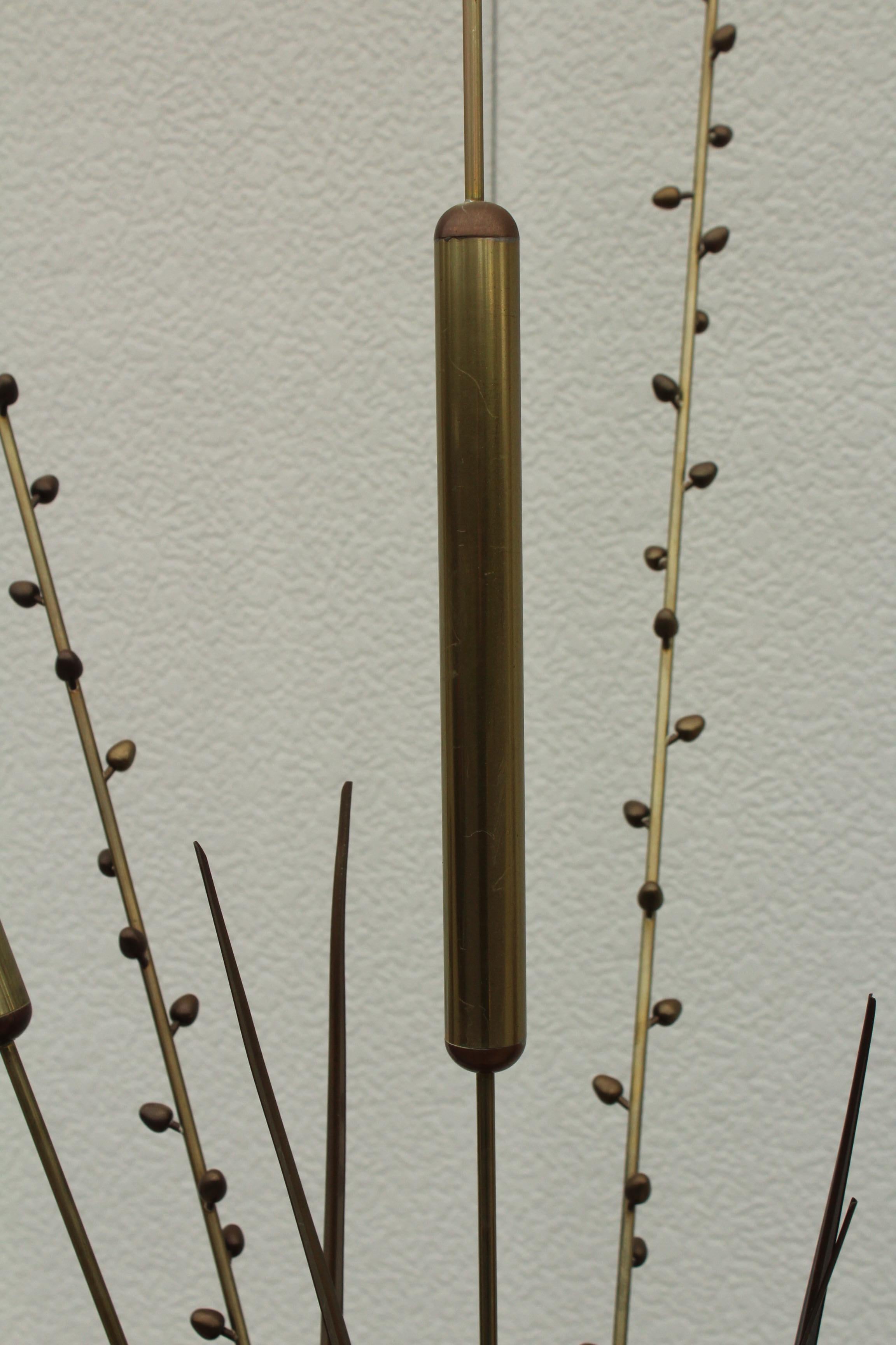 American 1980's Curtis Jere Attributed Cattails Brass Sculpture on Art-Deco Style Vase