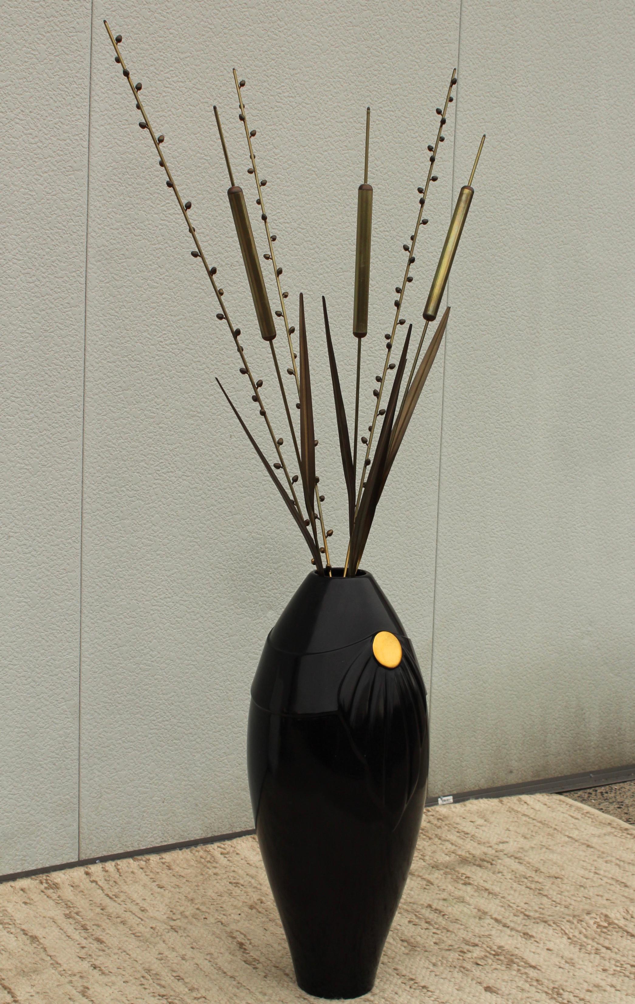 1980's Curtis Jere Attributed Cattails Brass Sculpture on Art-Deco Style Vase 1