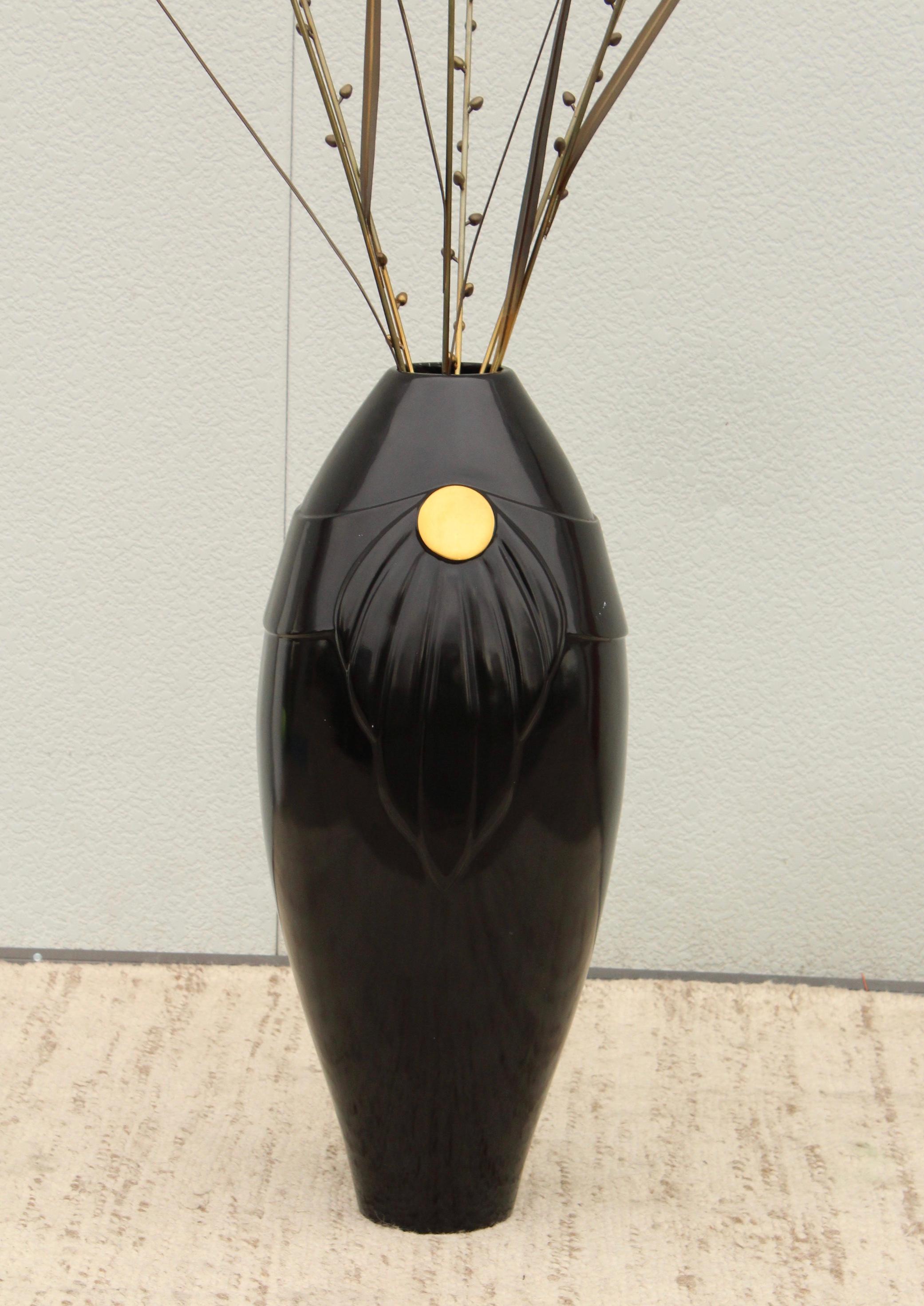 1980's Curtis Jere Attributed Cattails Brass Sculpture on Art-Deco Style Vase 2