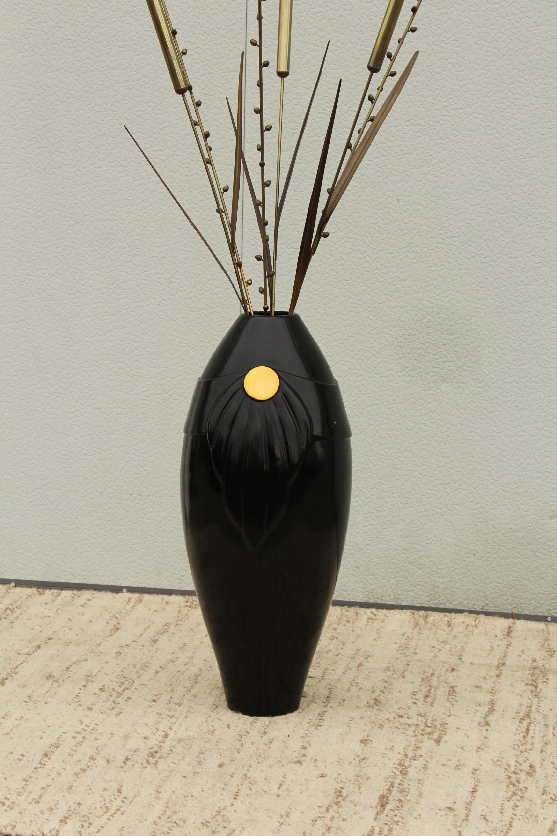 1980's Curtis Jere Attributed Cattails Brass Sculpture on Art-Deco Style Vase 3