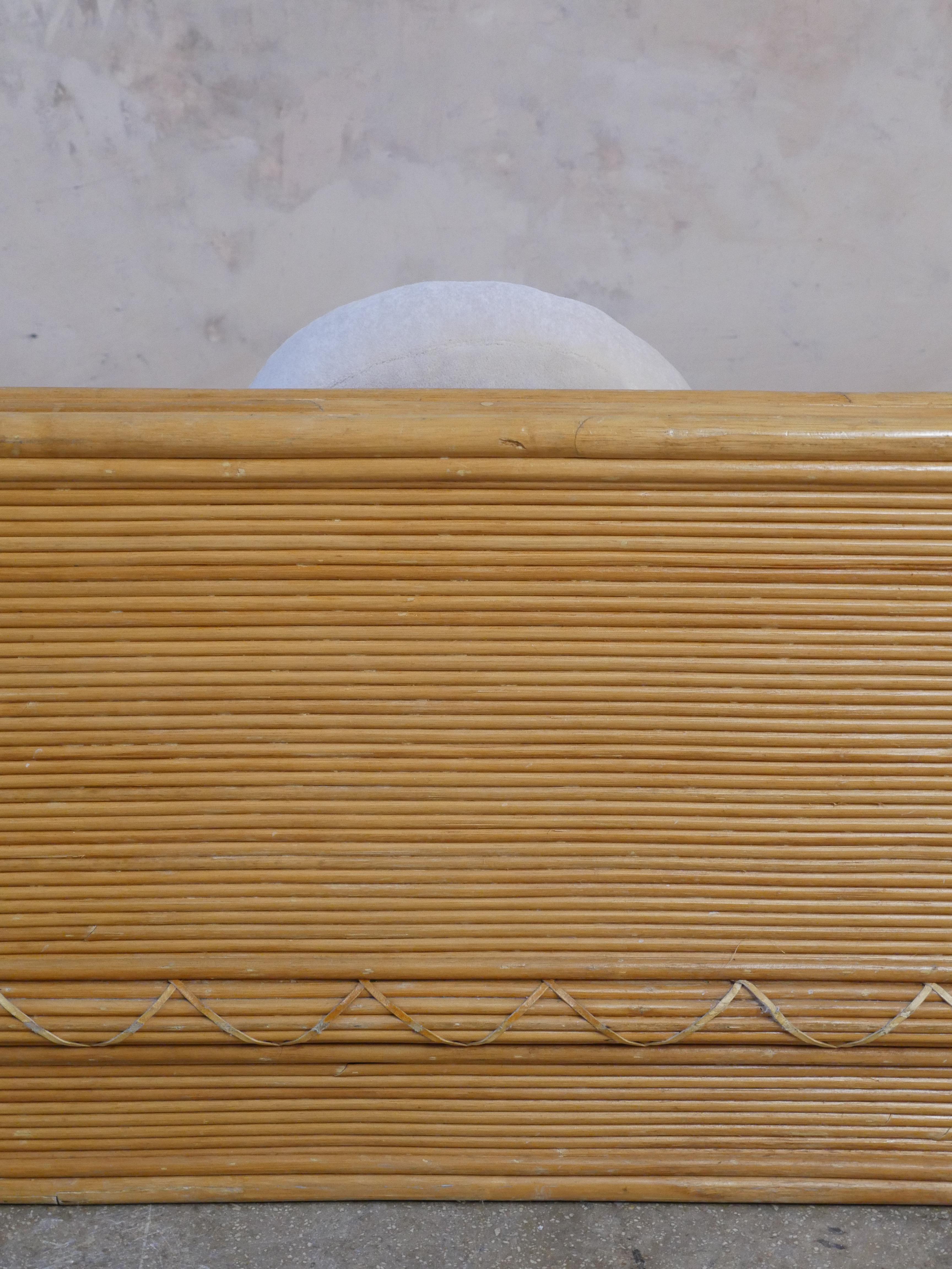 1980s Curved Pencil Reed Rattan Sofa with Pierre Frey Teddy Mohair Fabric 1