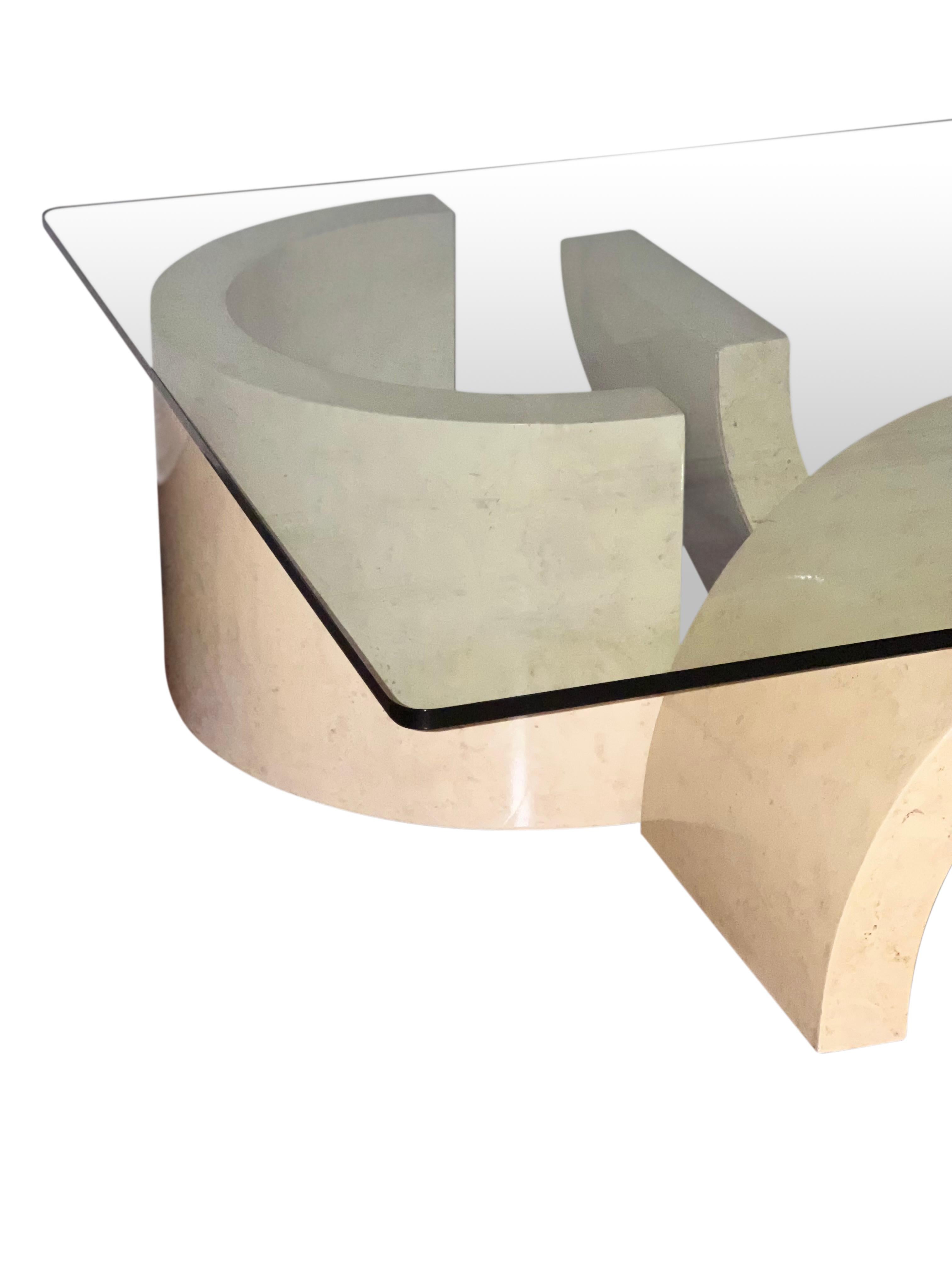 Glass 1980's Custom Faux Stone Sculptural Base Coffee Table For Sale