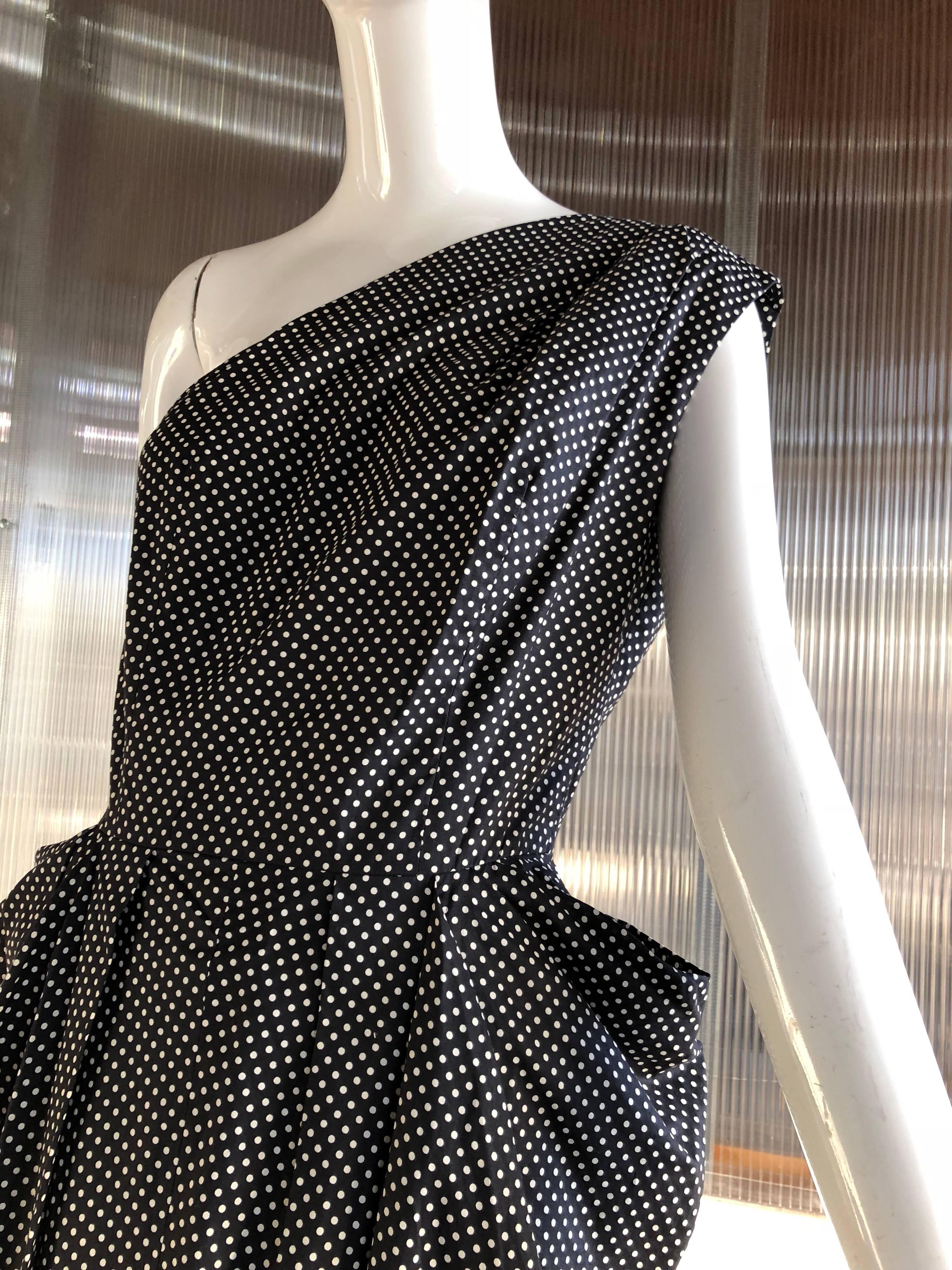 1980s Custom-Made Black and White Polka Dot One-Shoulder Dress W/ Hip Drapes In Excellent Condition In Gresham, OR