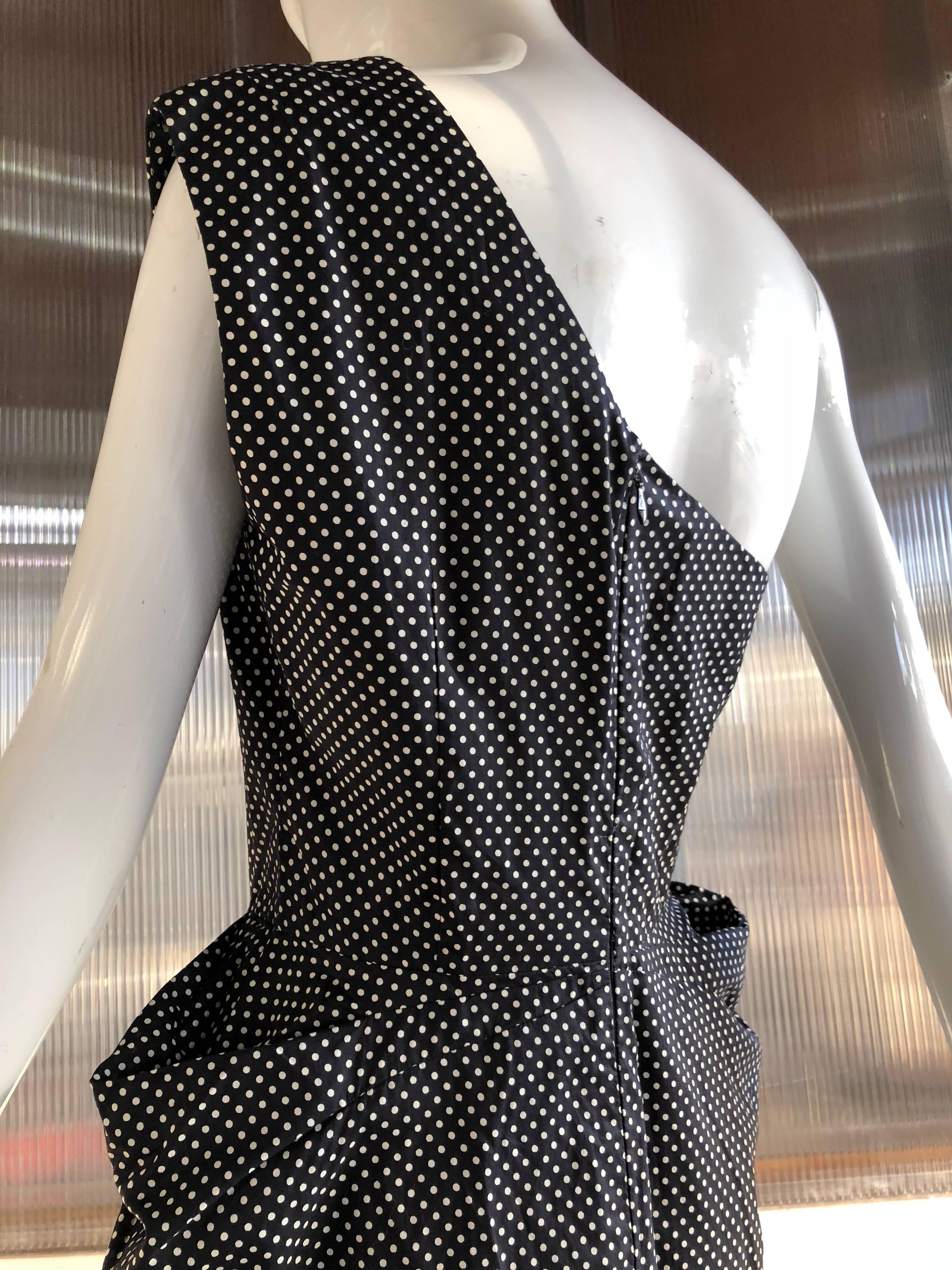 Women's 1980s Custom-Made Black and White Polka Dot One-Shoulder Dress W/ Hip Drapes