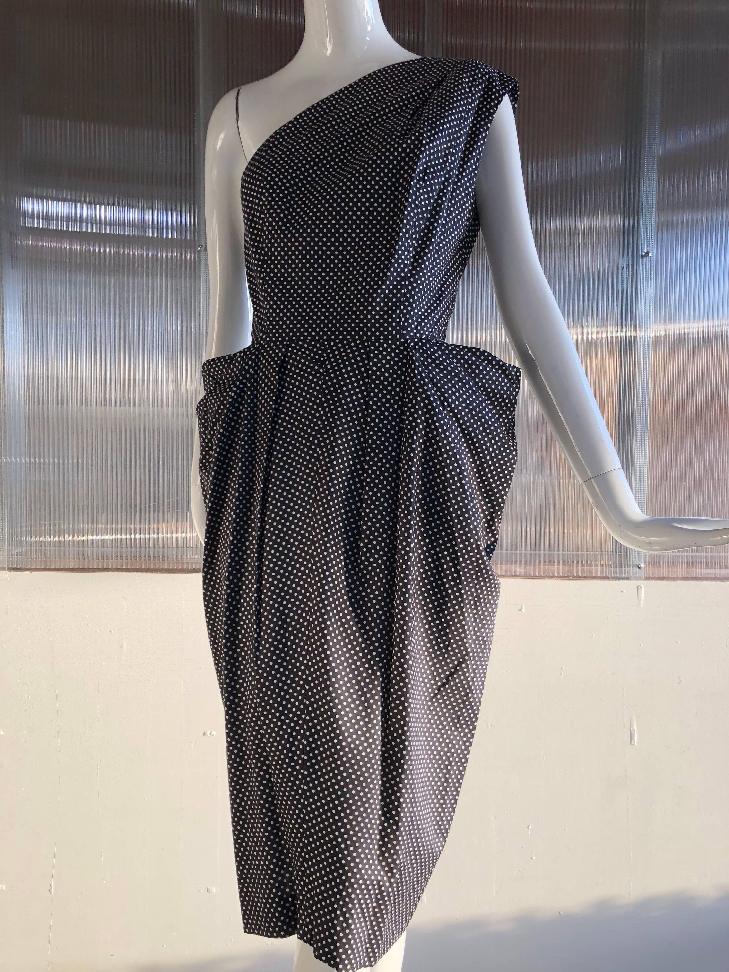1980s Custom-Made Black and White Polka Dot One-Shoulder Dress W/ Hip Drapes 1
