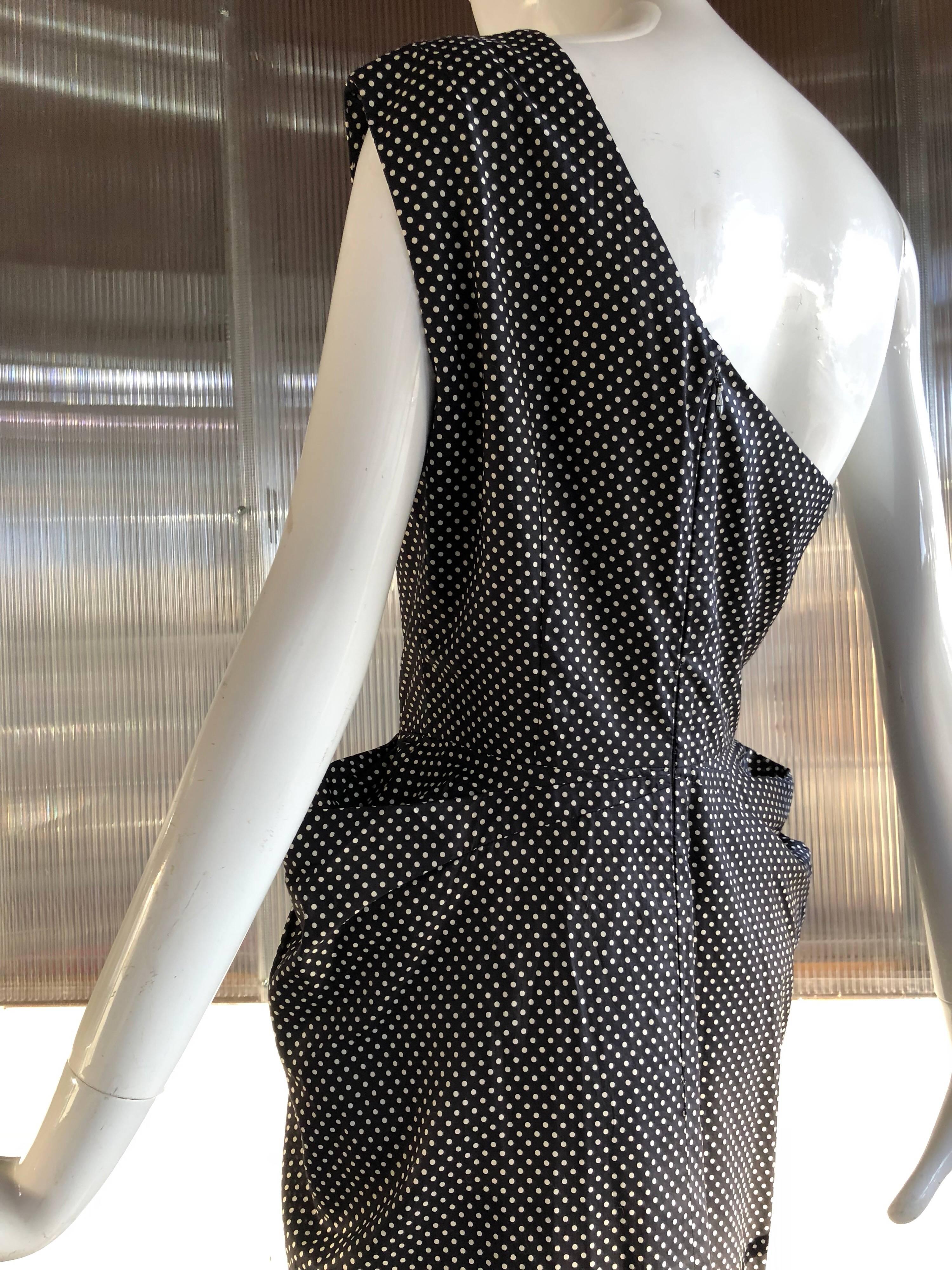 1980s Custom-Made Black and White Polka Dot One-Shoulder Dress W/ Hip Drapes 2