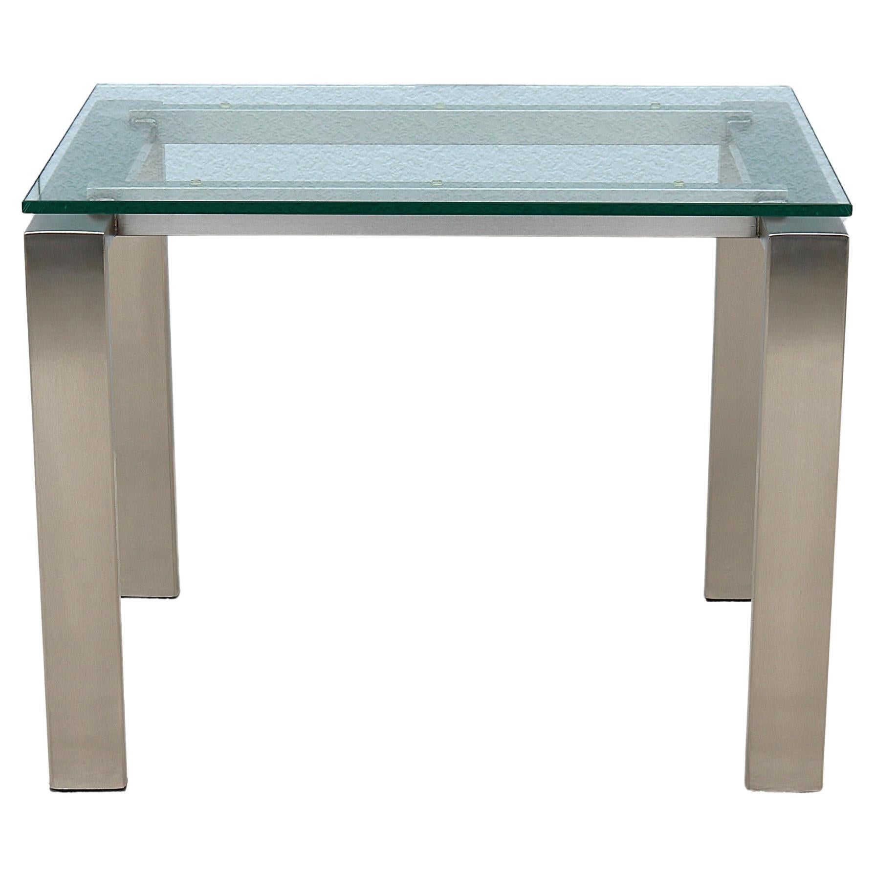 Table d'appoint rectangulaire faite sur mesure en acier inoxydable brossé et verre transparent des années 1980