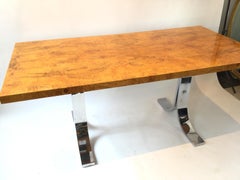 1980s Milo Baughman Style Burl Wood Dining Table / Desk with Chrome Base