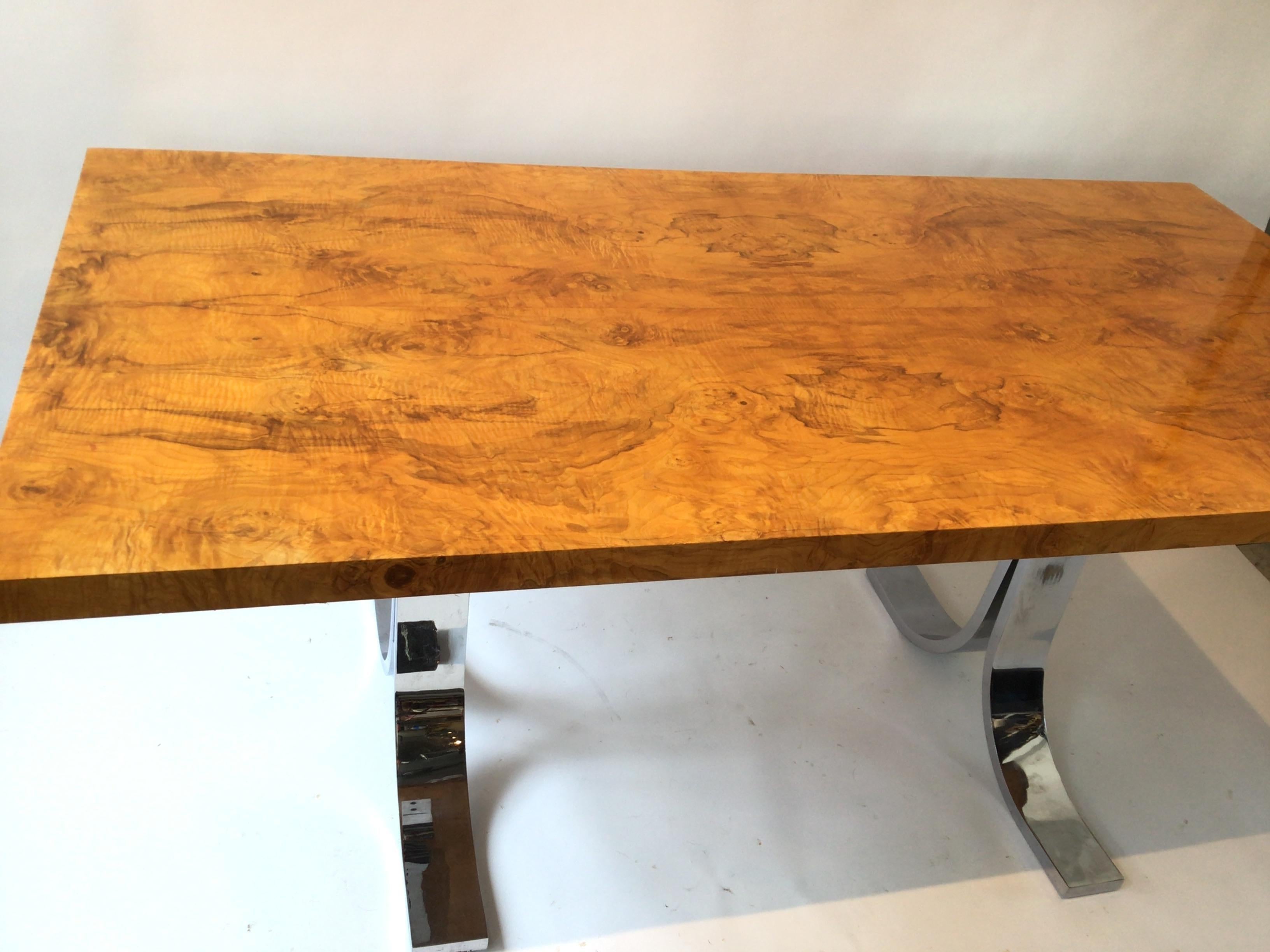 1980s Milo Baughman Style Burl Wood Dining Table / Desk with Chrome Base For Sale 1
