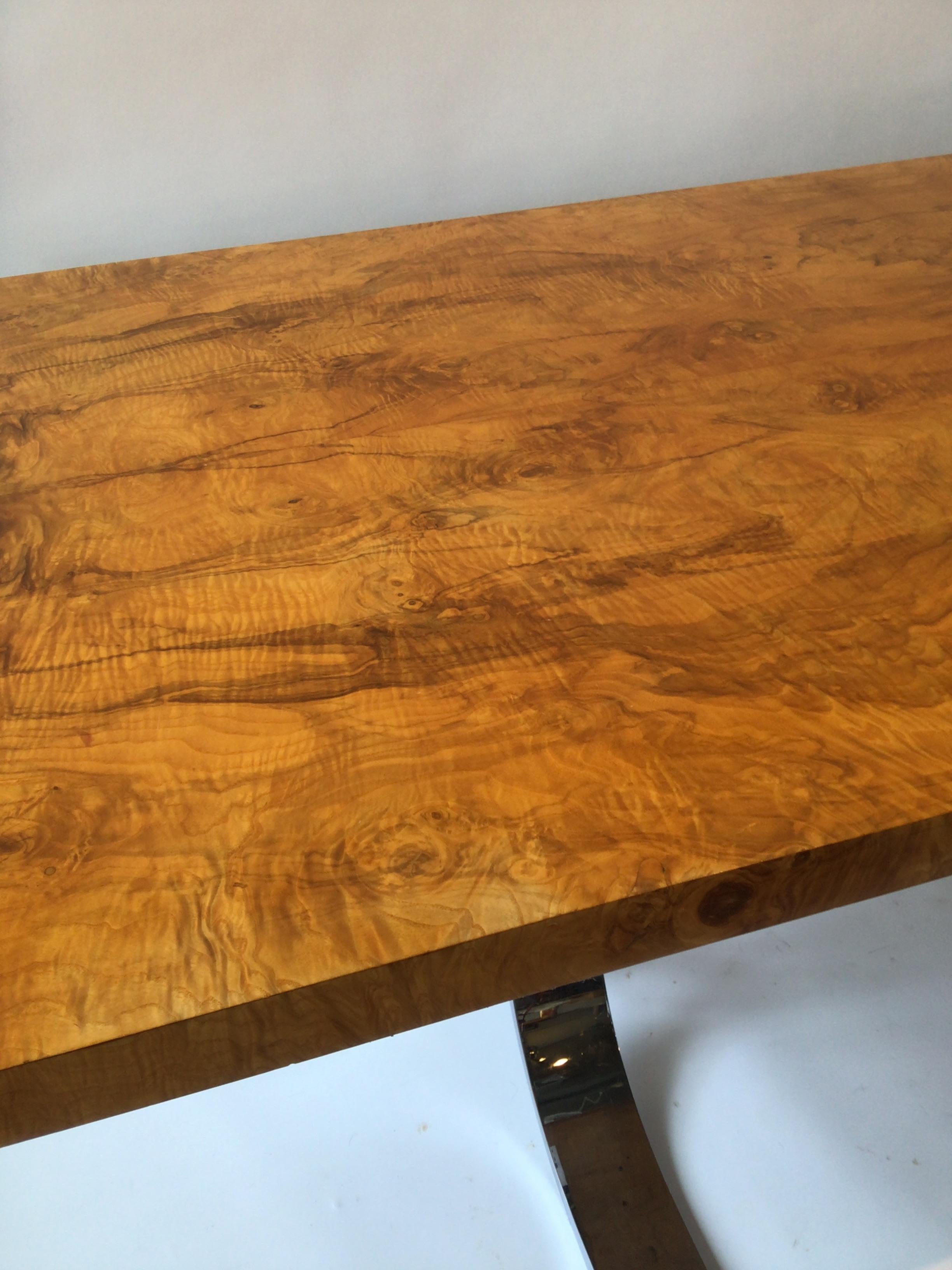 1980s Milo Baughman Style Burl Wood Dining Table / Desk with Chrome Base For Sale 3