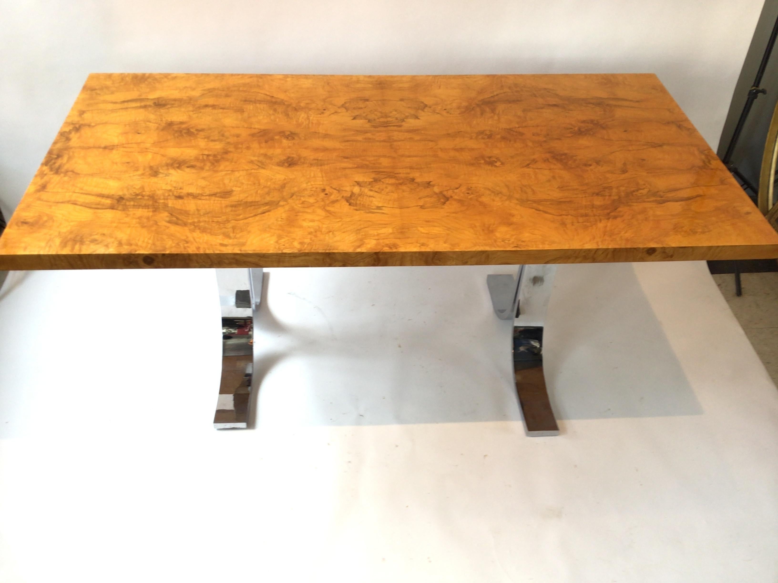 1980s Milo Baughman Style Burl Wood Dining Table / Desk with Chrome Base For Sale 5