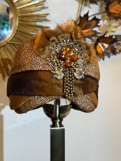 1980s Custom Made Silk Leopard Print Caftan and Matching Draped Turban w Brooch