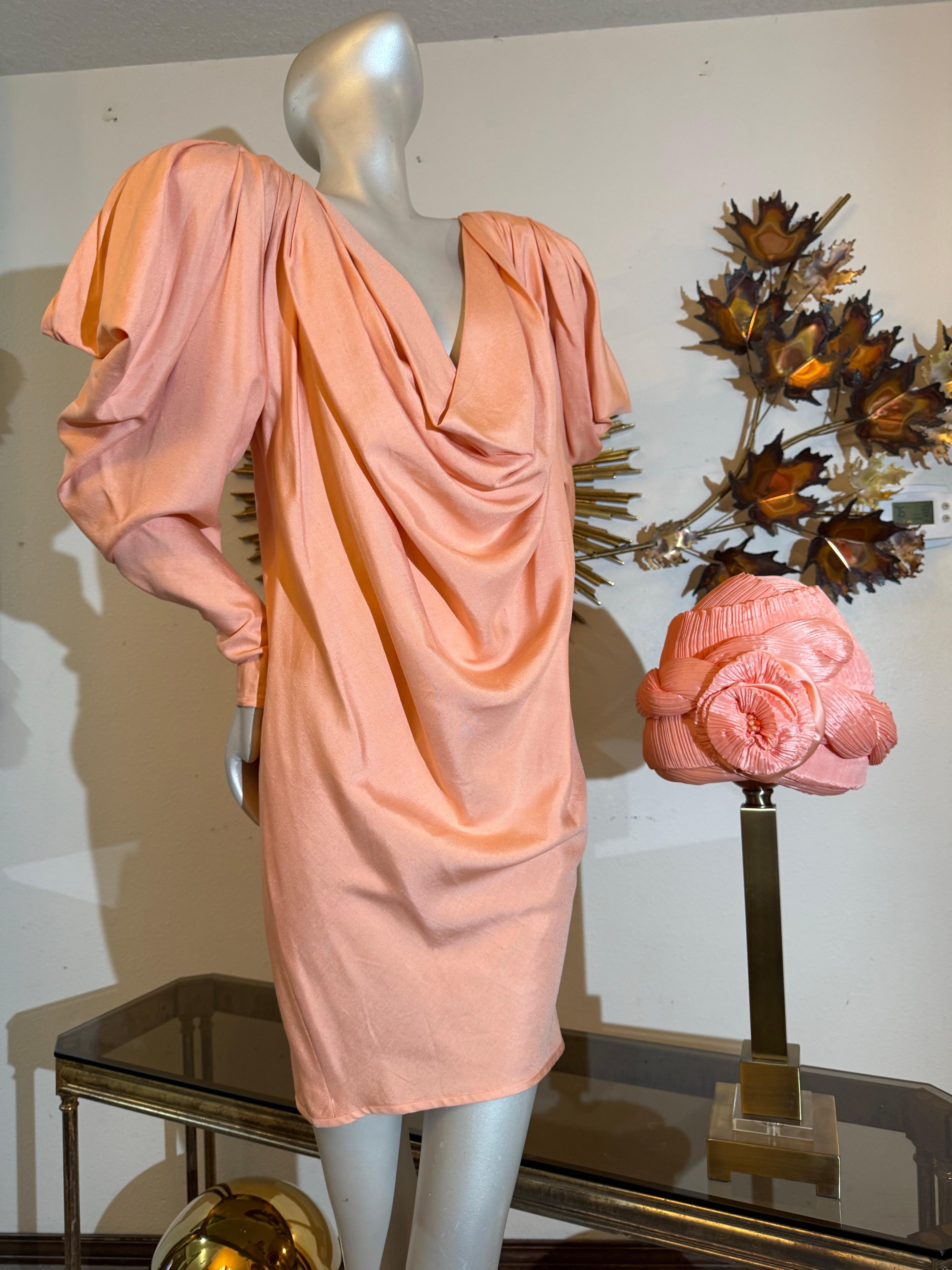 1980s Custom-Made Spring/Summer Peach Silk Drape Mini w Extreme Shoulders For Sale 8