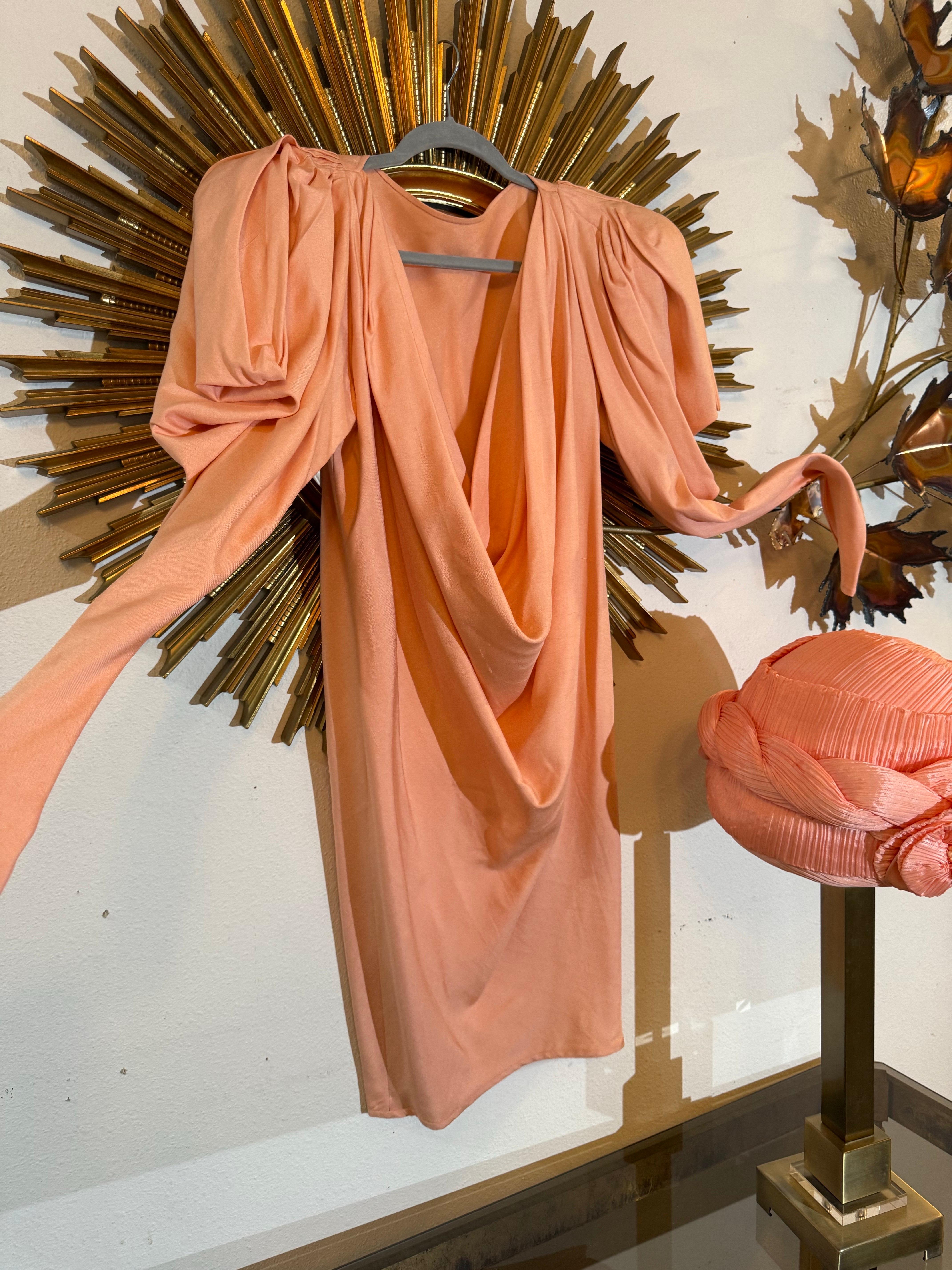 1980s Custom-Made Spring/Summer Peach Silk Drape Mini w Extreme Shoulders For Sale 9