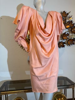 1980s Custom-Made Spring/Summer Peach Silk Drape Mini w Extreme Shoulders