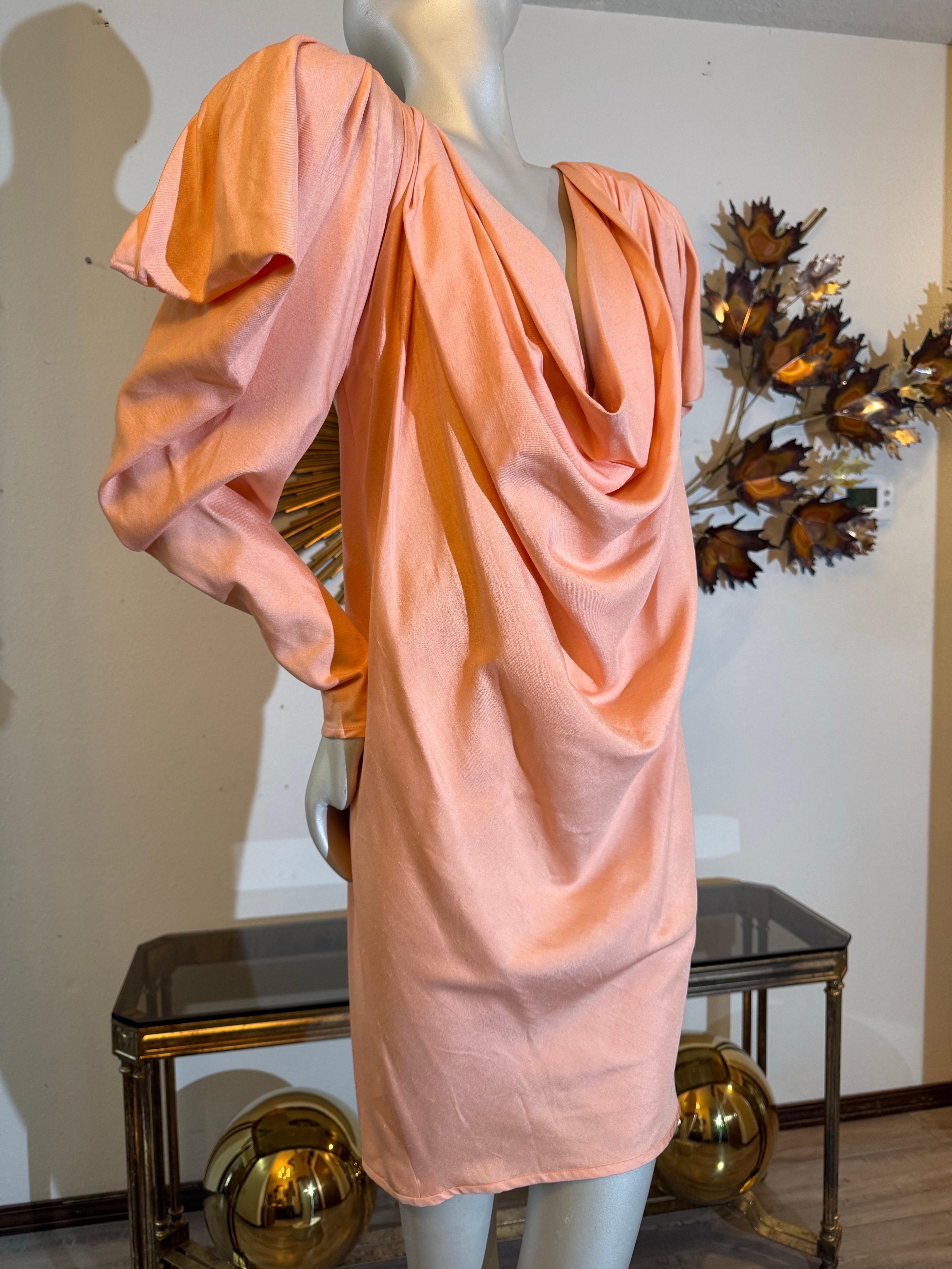 Beige 1980s Custom-Made Spring/Summer Peach Silk Drape Mini w Extreme Shoulders For Sale