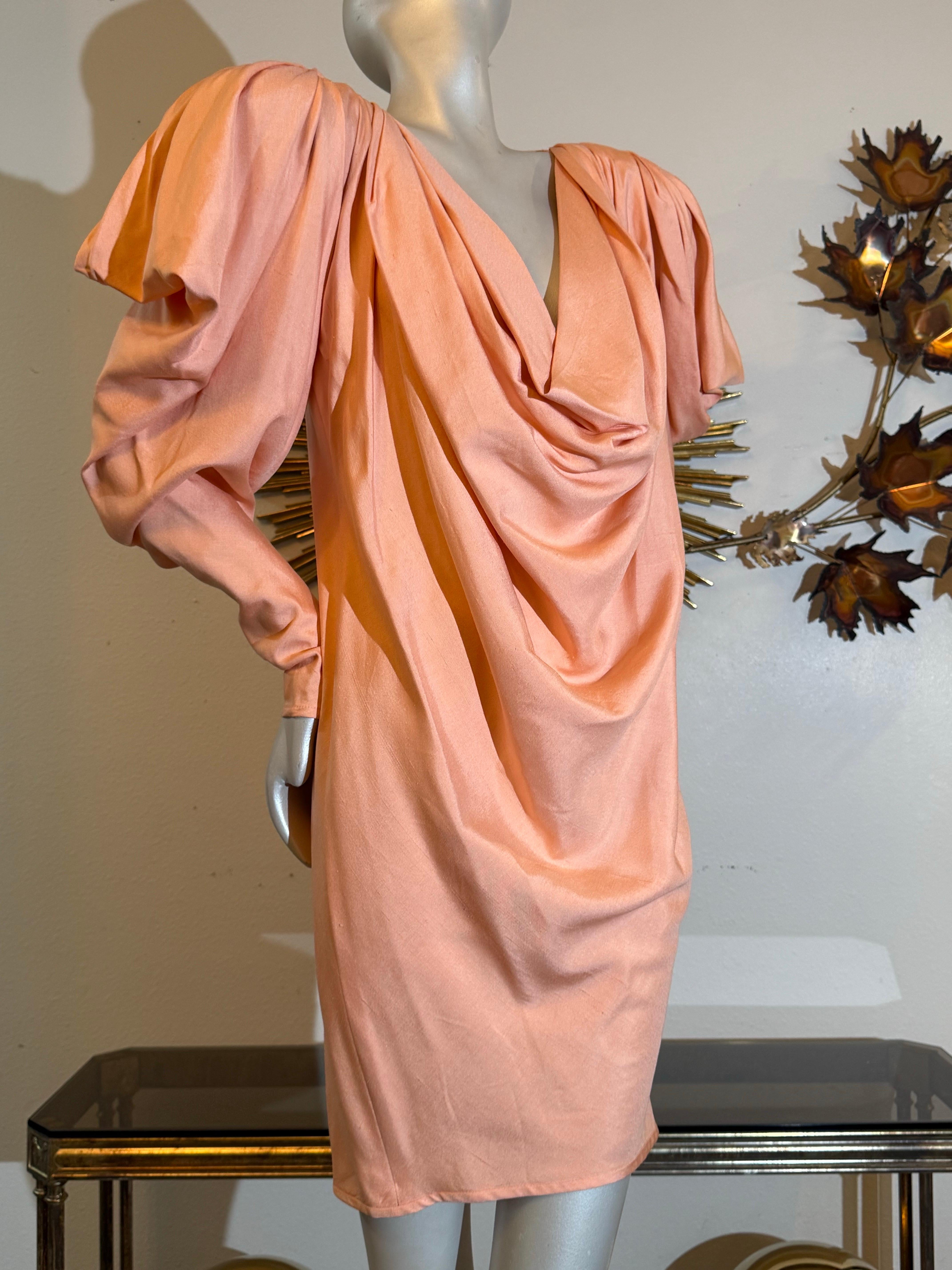 Women's 1980s Custom-Made Spring/Summer Peach Silk Drape Mini w Extreme Shoulders For Sale