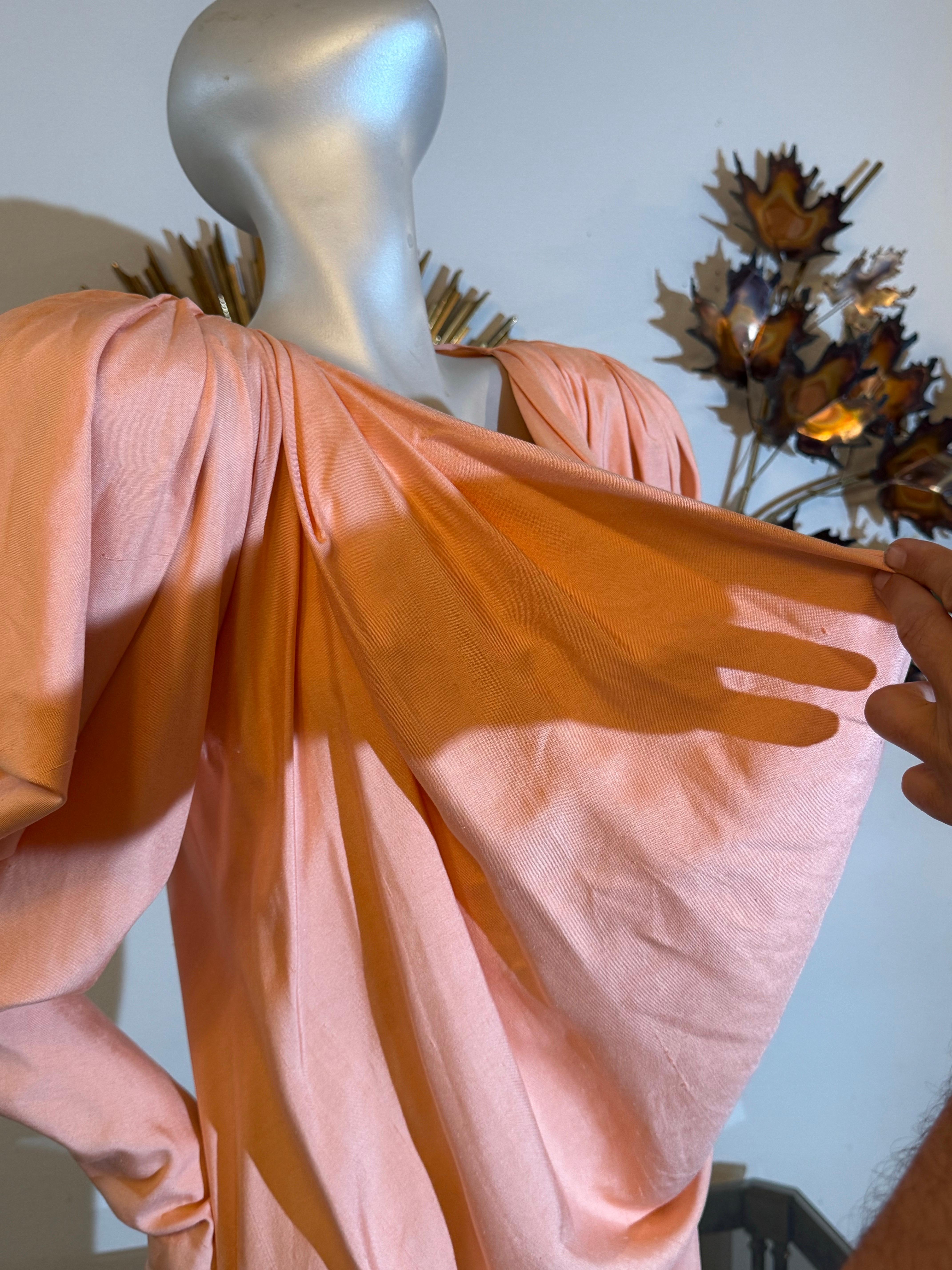 1980s Custom-Made Spring/Summer Peach Silk Drape Mini w Extreme Shoulders For Sale 1