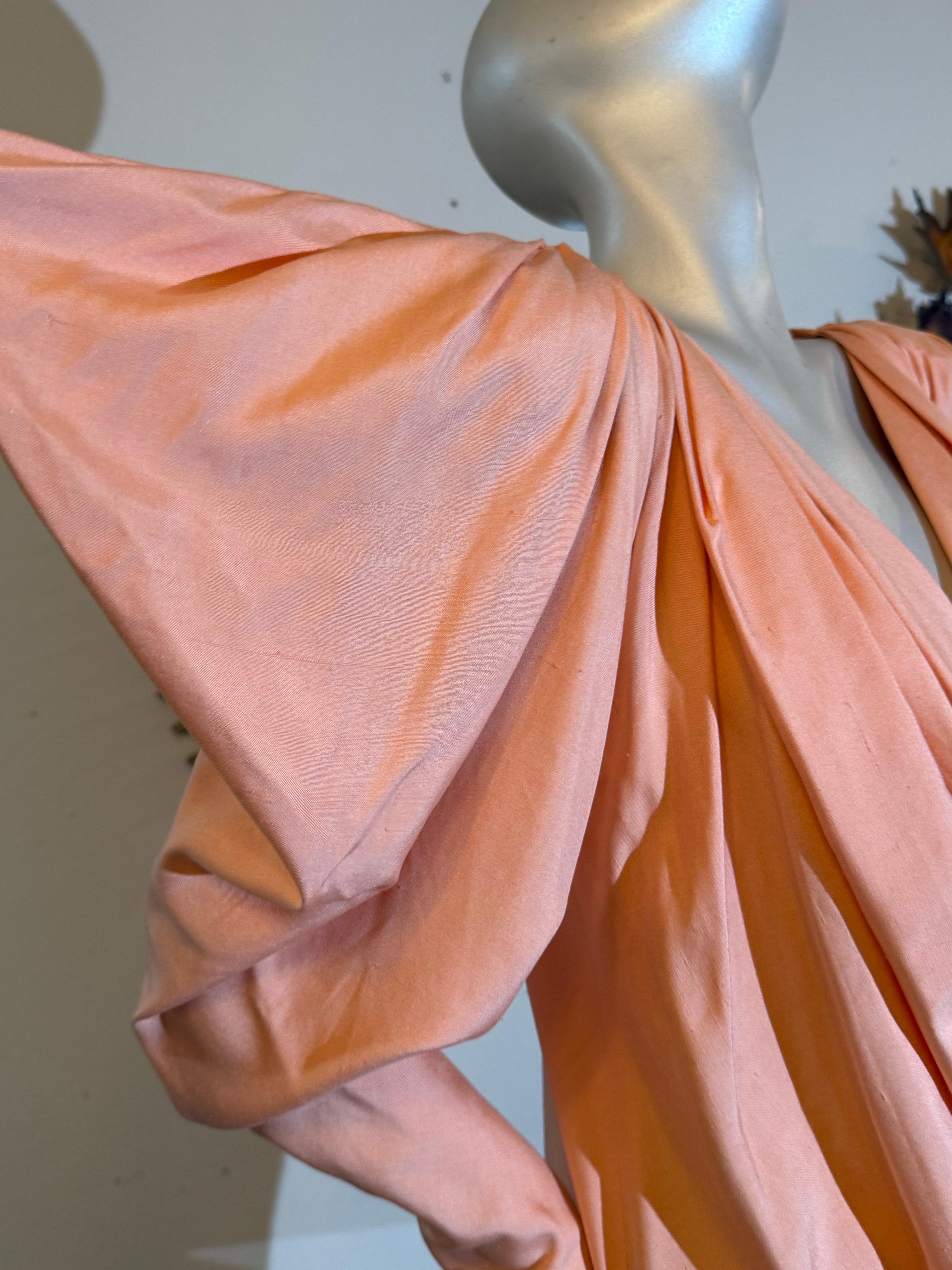 1980s Custom-Made Spring/Summer Peach Silk Drape Mini w Extreme Shoulders For Sale 2