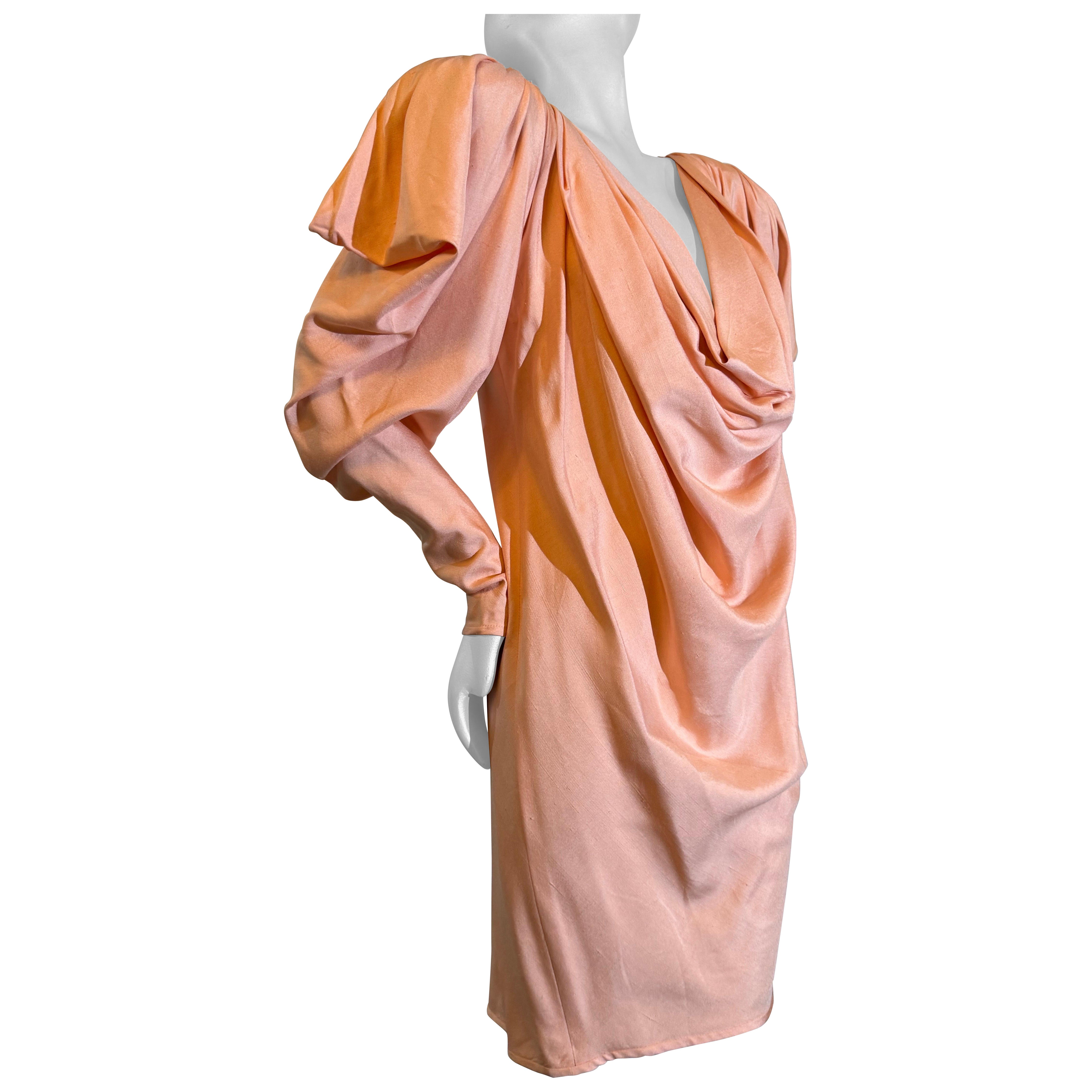 1980s Custom-Made Spring/Summer Peach Silk Drape Mini w Extreme Shoulders For Sale