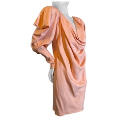 1980s Custom-Made Spring/Summer Peach Silk Drape Mini w Extreme Shoulders