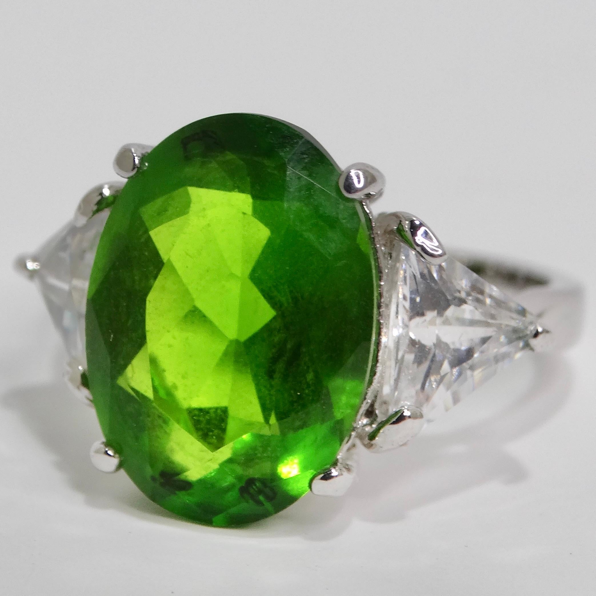 1980s Custom Silver Plated Synthetic Green Tourmaline Ring For Sale 2