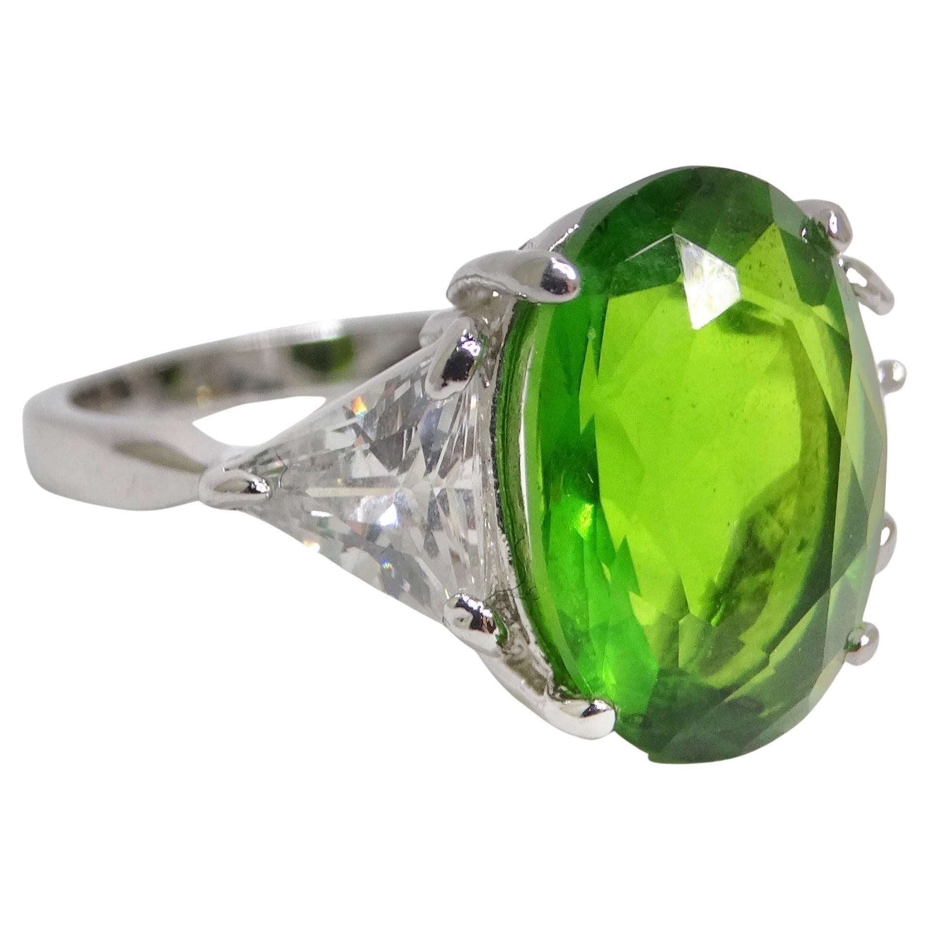 1980s Custom Silver Plated Synthetic Green Tourmaline Ring For Sale