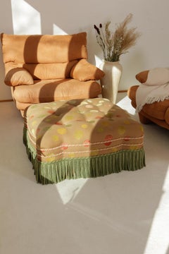 1980s Custom Upholstered Tufted Ottoman with Fringe Detail