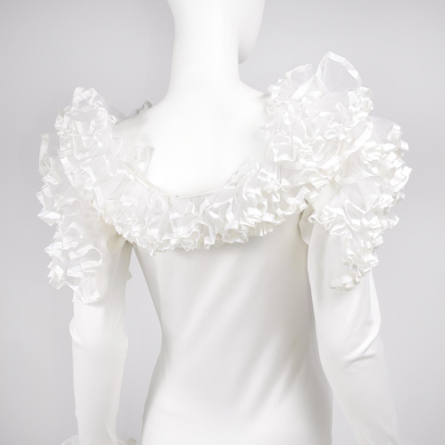 1980s Dana Deatherage Vintage White Bodycon Dress With Dramatic Tulle Ruffles In Good Condition For Sale In Portland, OR