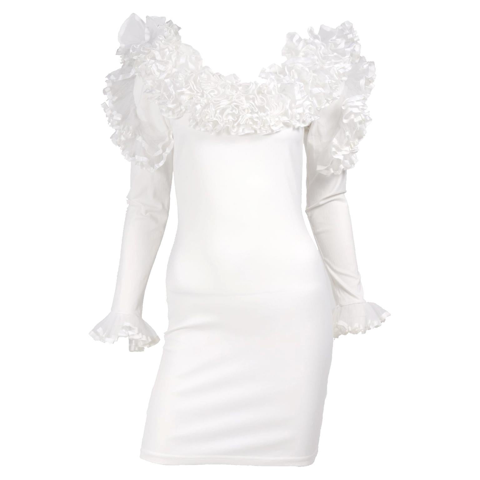 1980s Dana Deatherage Vintage White Bodycon Dress With Dramatic Tulle Ruffles For Sale