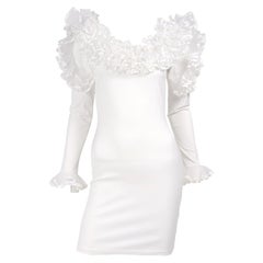 1980s Dana Deatherage Retro White Bodycon Dress With Dramatic Tulle Ruffles