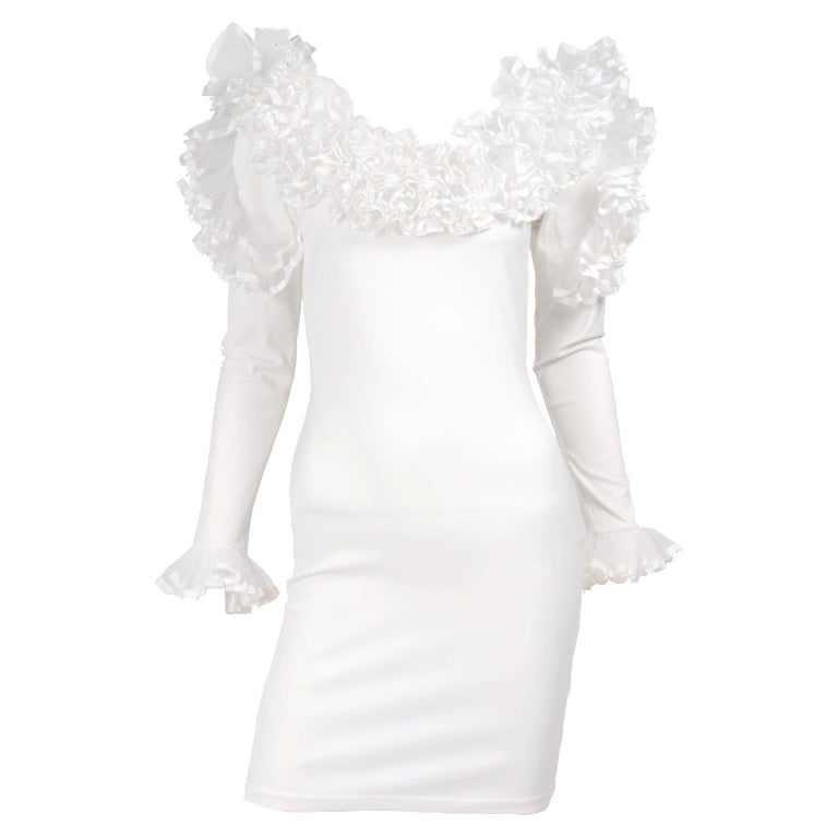 1980s Dana Deatherage Vintage White Bodycon Dress With Dramatic Tulle ...