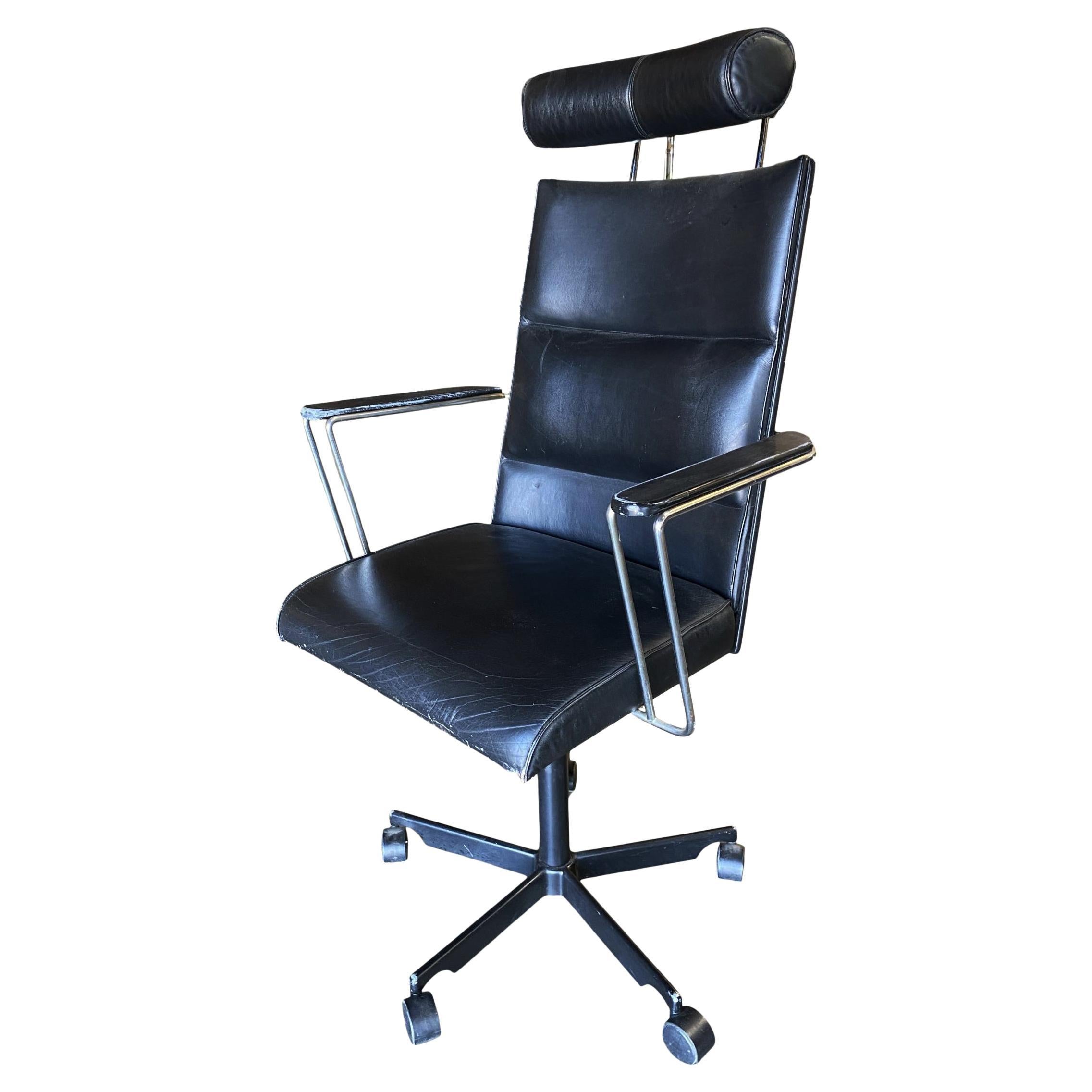 1980's Danish Modern Black and Chrome Executive Desk Chair by Kevi For Sale