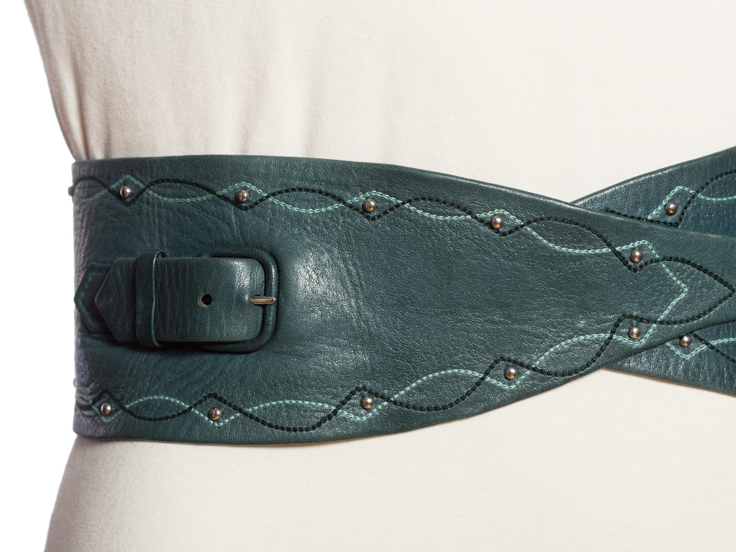 1980'S Dark Green Immaculate Leather Wide Set Belt In Excellent Condition In New York, NY