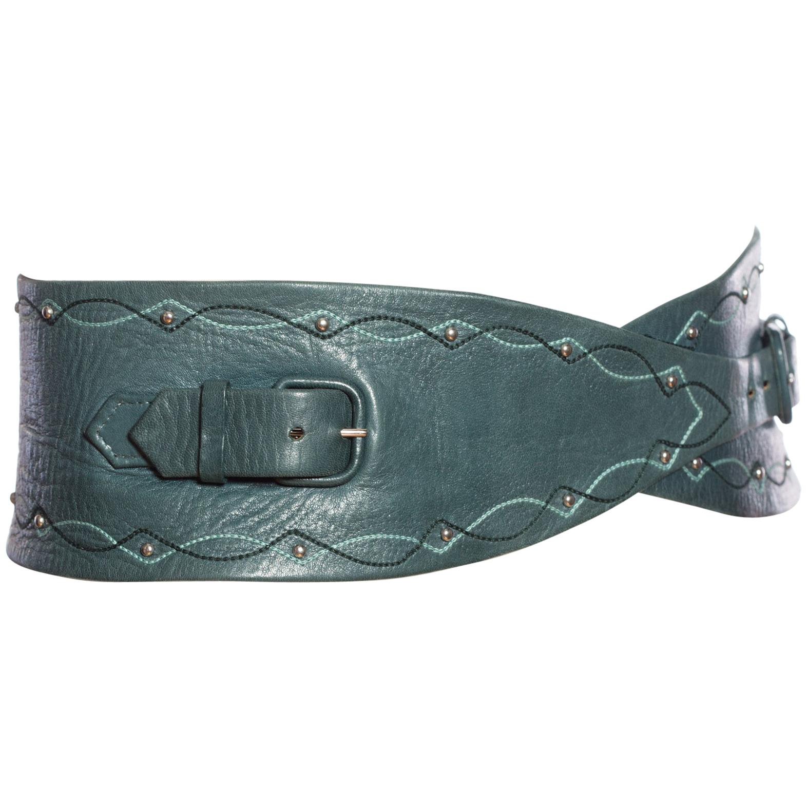 1980'S Dark Green Immaculate Leather Wide Set Belt