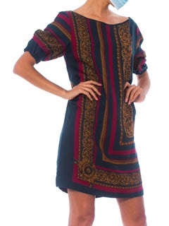 1980S Dark Green Wool Sateen Straight-Cut Tunic Dress